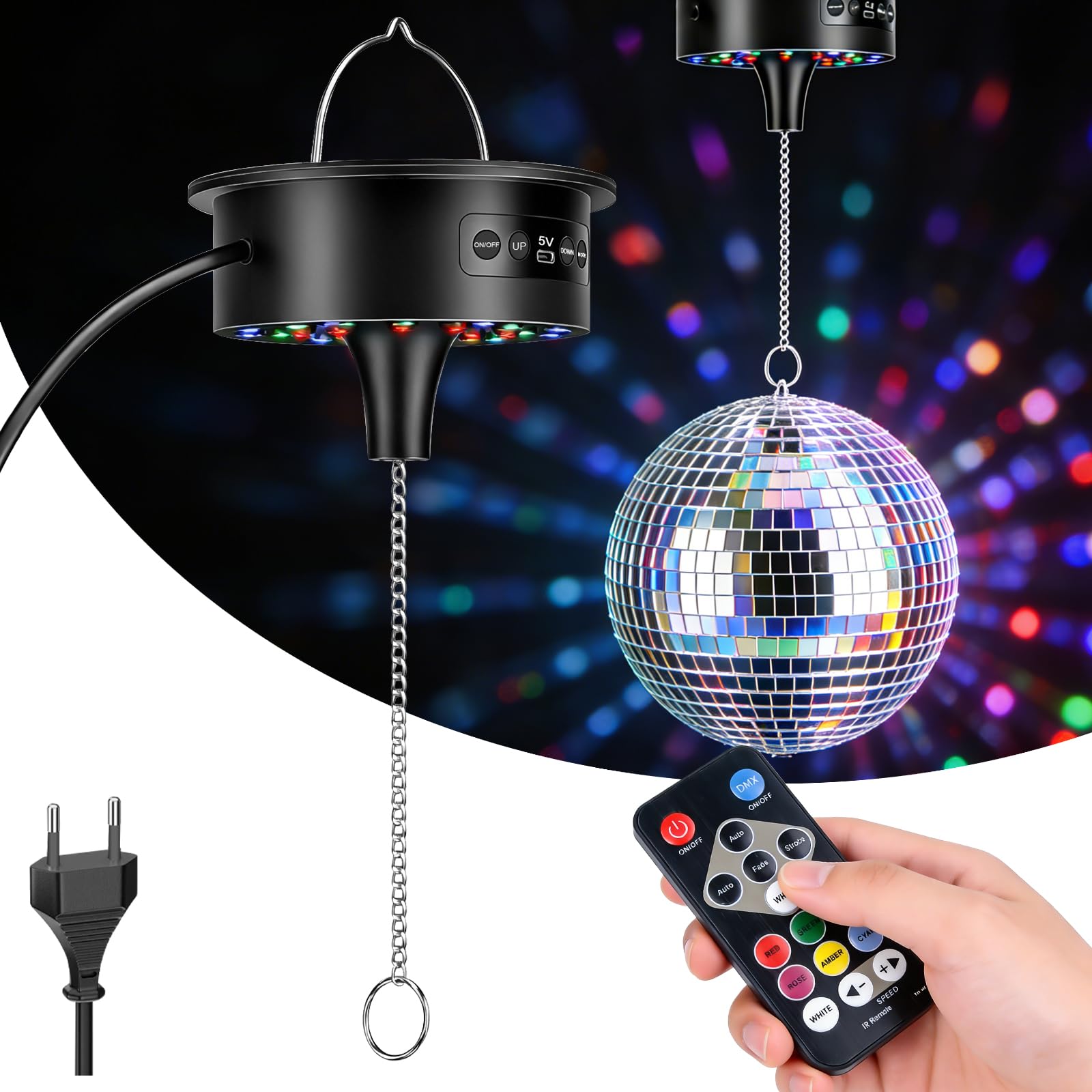 Motor de bola de disco con control remoto, velocidad ajustable de 3-15 RPM para bola de espejo de 10-40 cm, 30 luces LED RGB, iluminación decorativa para fiesta, DJ y boda