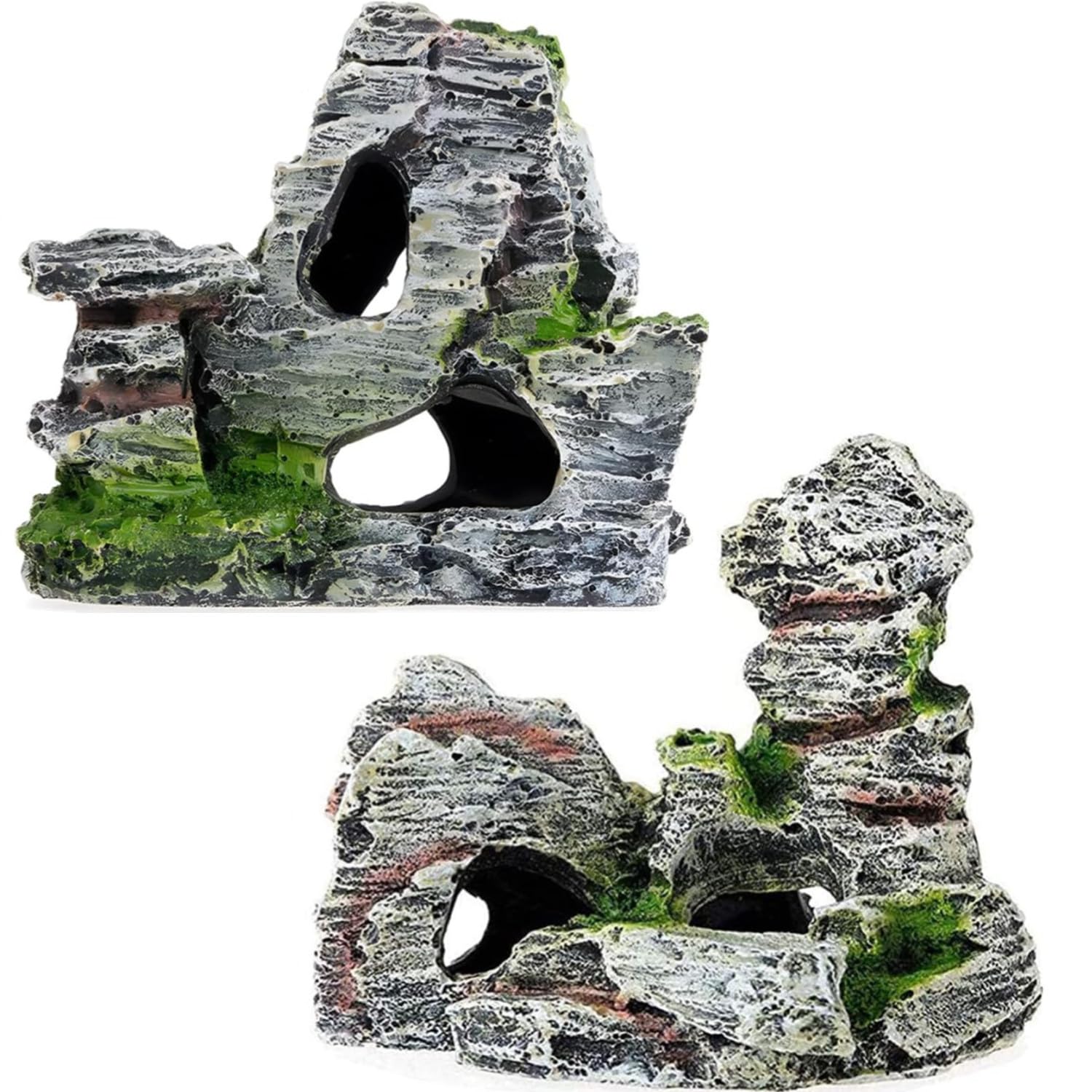 ZHAOYCSH 2 PCS Resin Aquarium Rock Cave Decorations with Green Moss, Fish Tank Hiding Cave Ornament for Betta Shrimp & Small Fish, Natural Rockery Hideout for Aquascaping - Pet Supplies