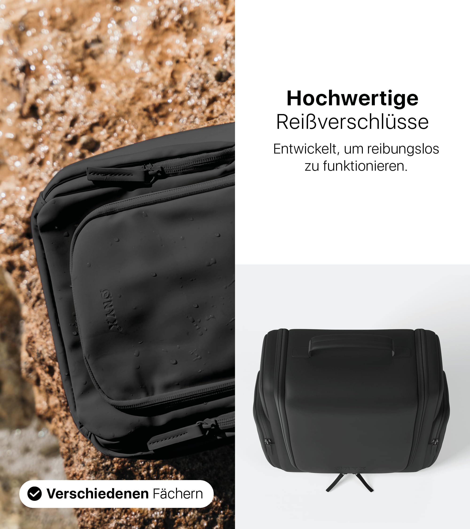 ONYX Kulturtasche Damen und Herren - Kulturbeutel zum Aufhängen aus PU-Tech-Material - Kosmetiktasche mit Spiegel für Reisen, Make-Up Organizer Tasche 26x24x11cm, Beautycase L Schwarz