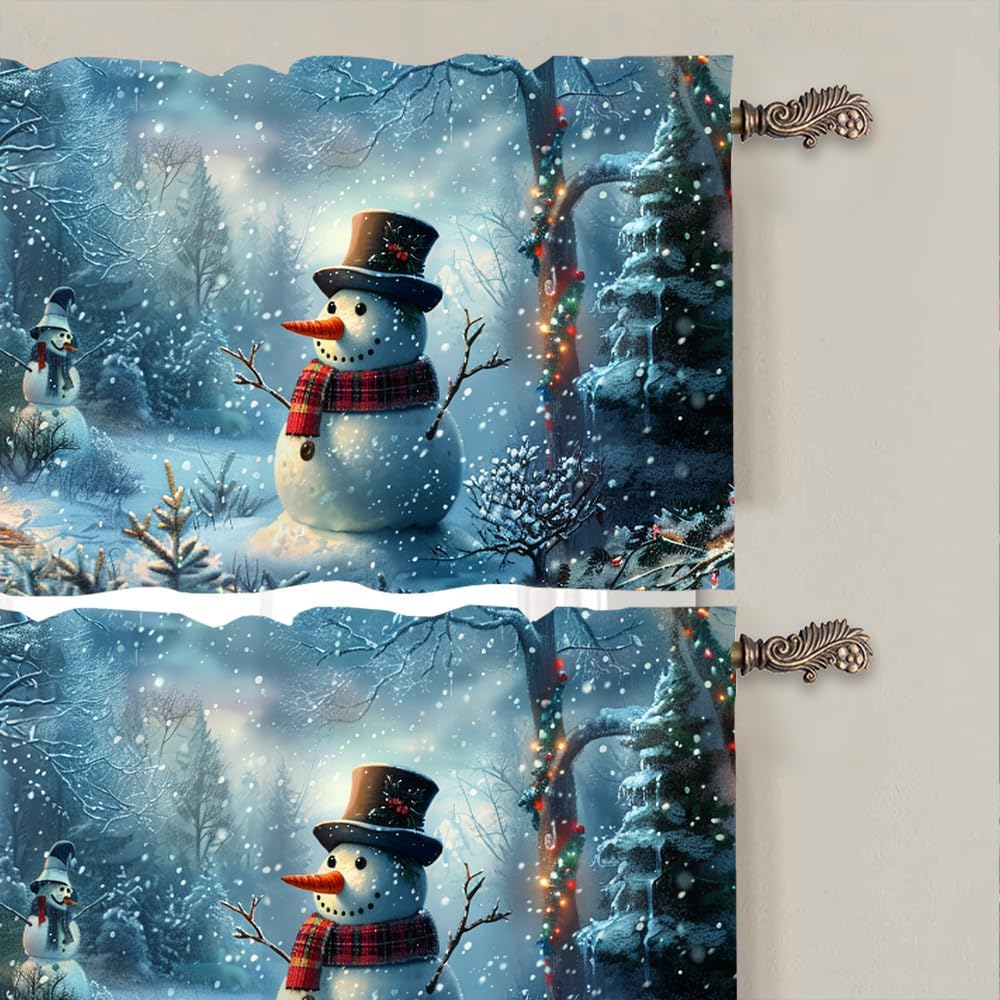 2 Panels Rustic Cabin Snowman Curtain Valance for Windows, Christmas Themed Rod Pocket Short Window Treatment Decor Drapes for Kitchen, Bathroom, 54" X 18"