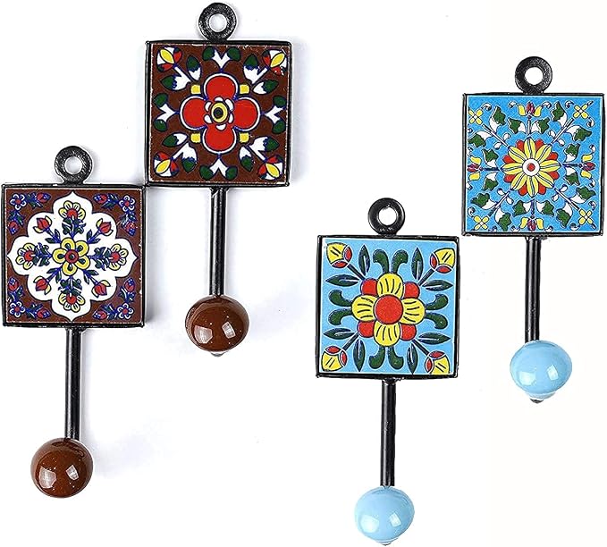 Metal Multi Design Blue Pottery Ceramic Decorative Tile Wall Hook for Keys, Cloths, Coat Key Holder Wall Decor (Style 4)