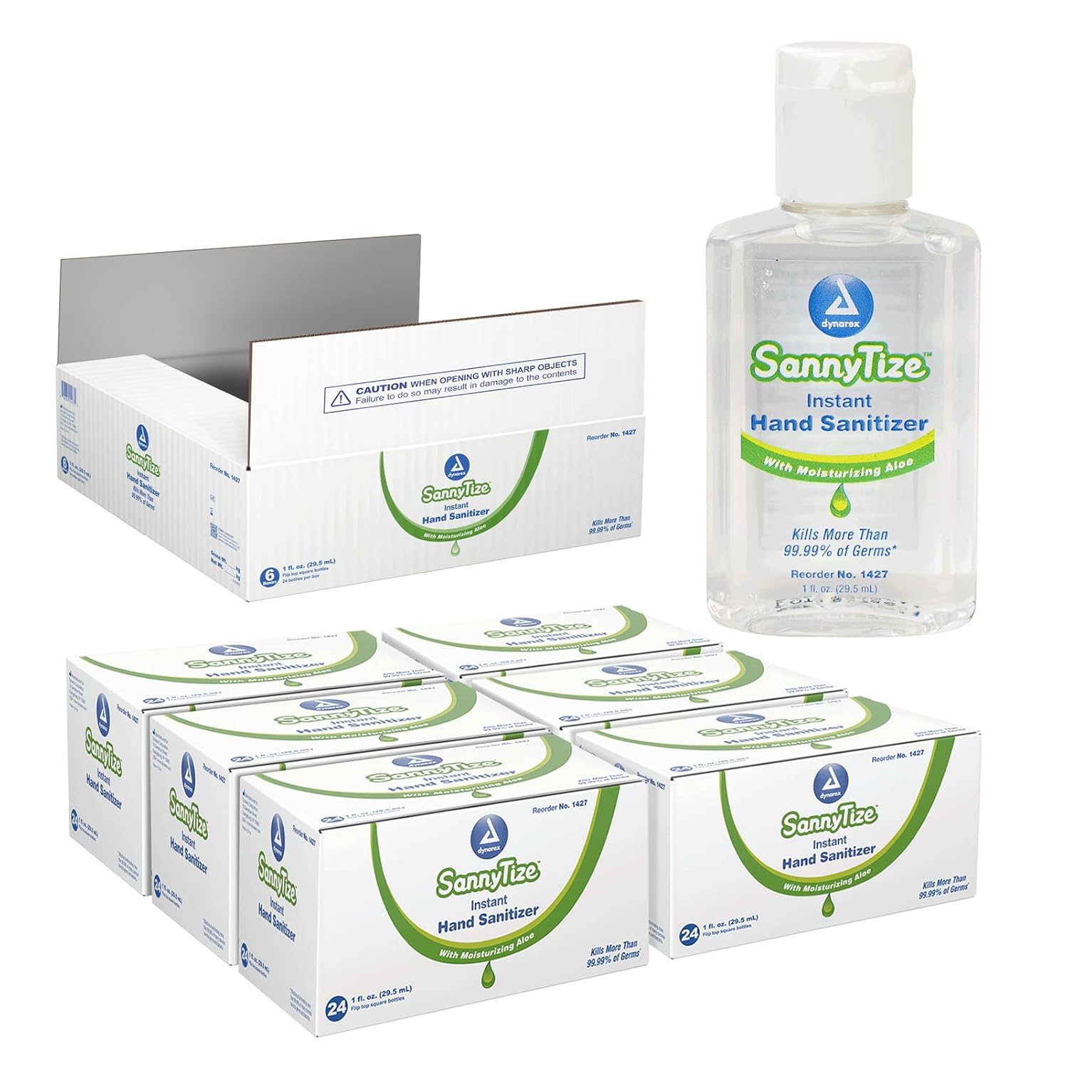 Dynarex SannyTize Hand Sanitizer Gel – 1 oz. Square Bottle, Hand Sanitizer Gel Infused with Aloe Vera & Eliminates 99% of Common Germs, Clear, 6 Boxes of 24 Bottles