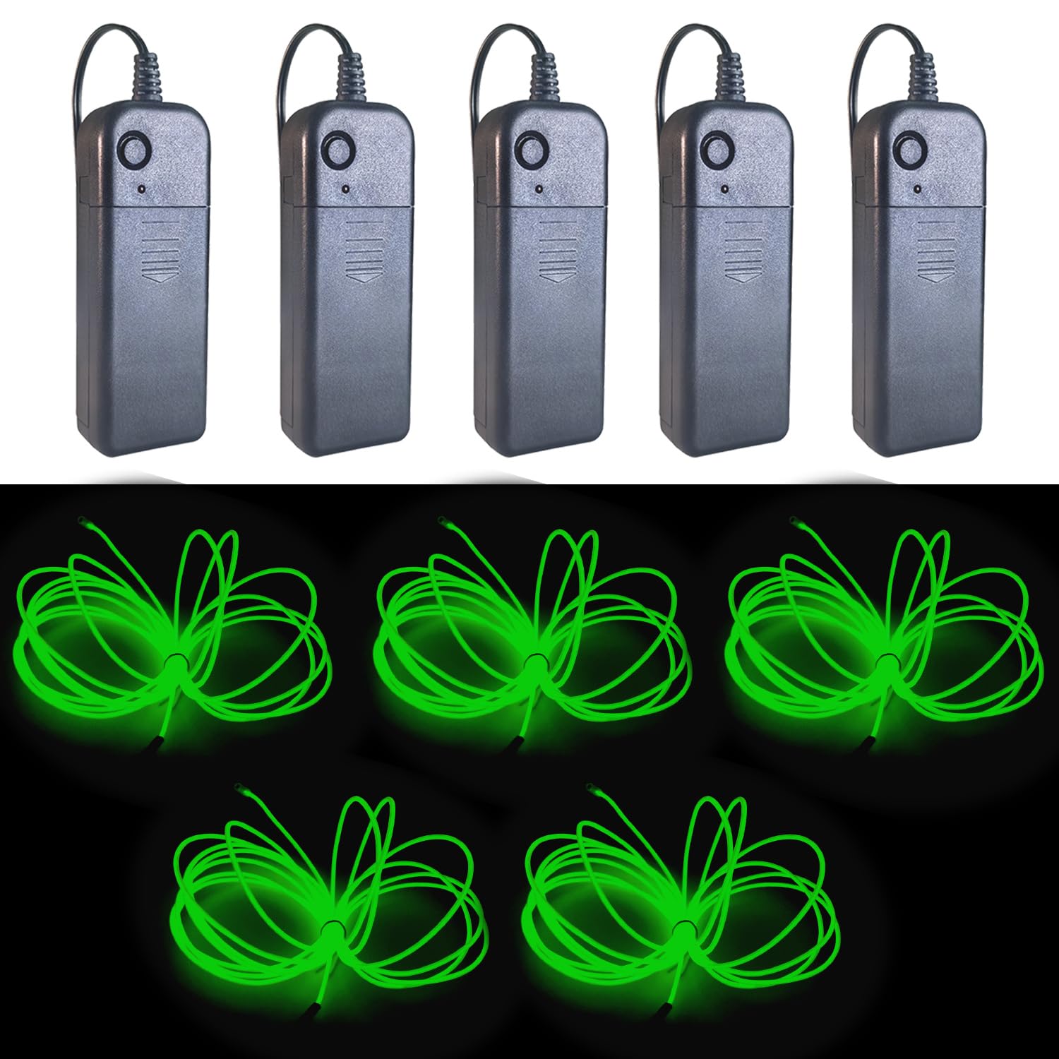 Gcidto EL Wire 5-Colour Pack, 9ft（2.75m） Neon Light Wire 5‑Pack with Noise Reduction & Controller Pack for Halloween Décor & DIY. (Green)
