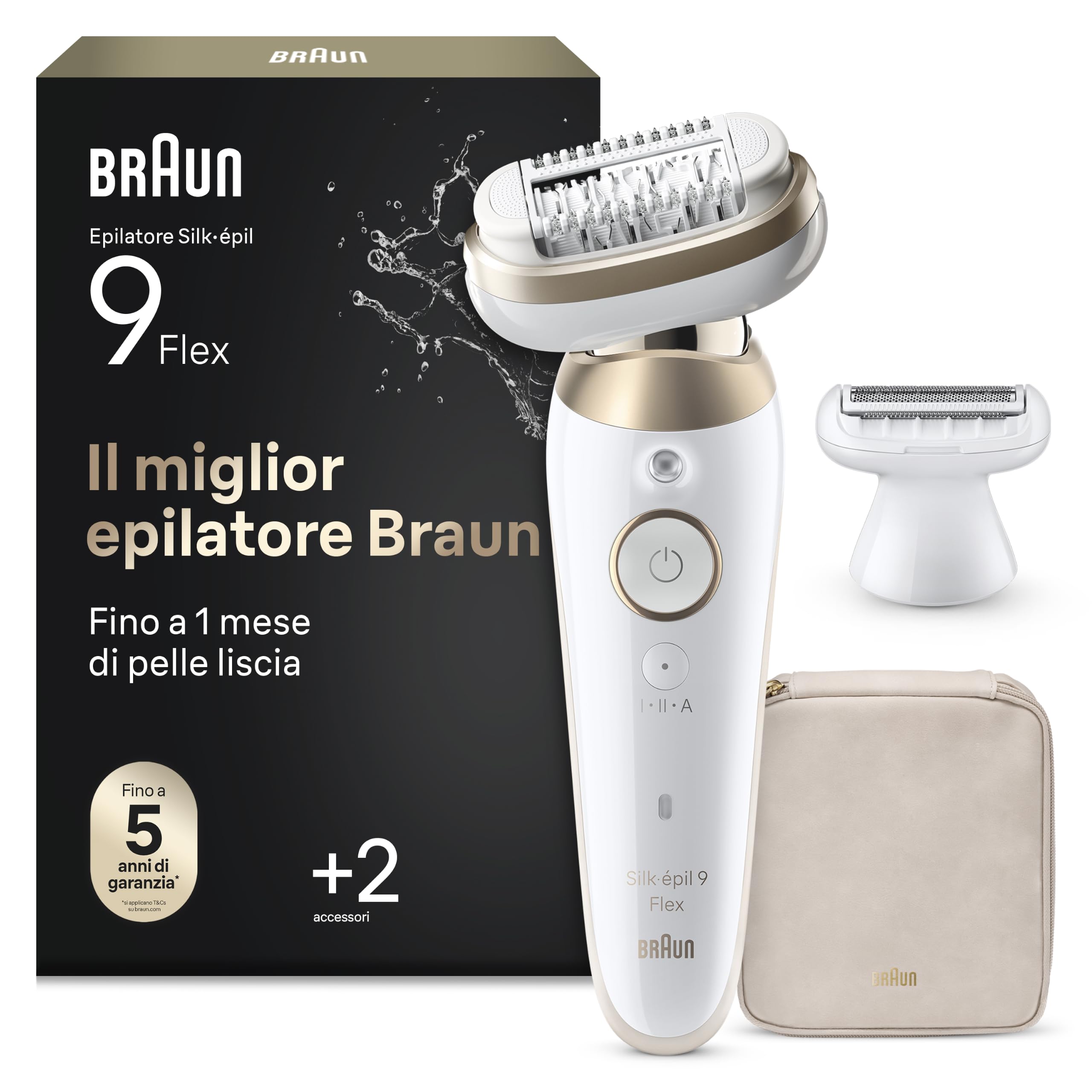Braun Silk Epil 9 Flex Epilatore Elettrico Donna con Testina Flessibile 360° Per Epilazione Semplice e Pelle Liscia, Rasoio Elettrico Donna, Wet&Dry, Testina Radente, Cappuccio Regolatore,9-041 3D,Oro