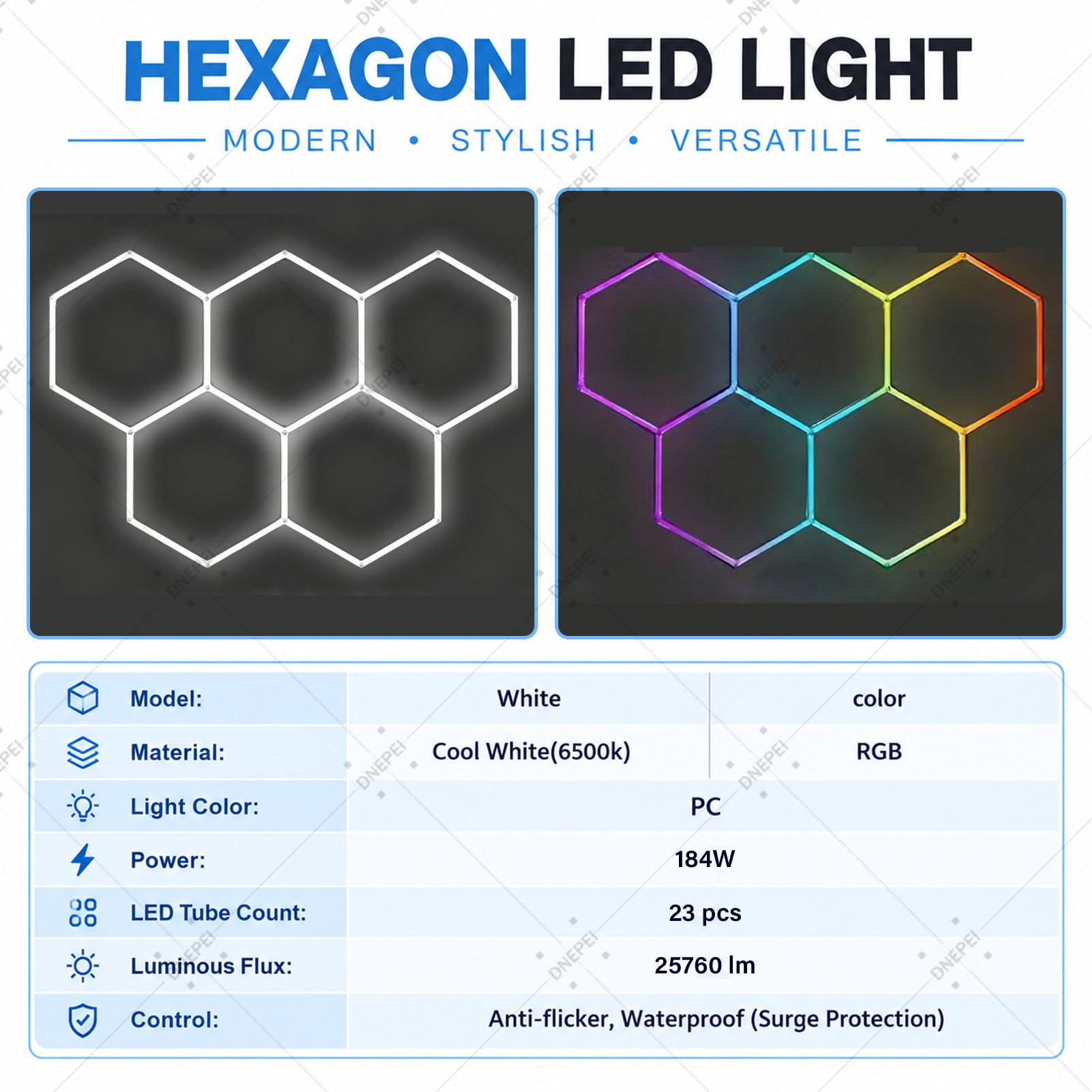Luci esagonali RGB per garage, LED con sincronizzazione musicale Color-5HEX