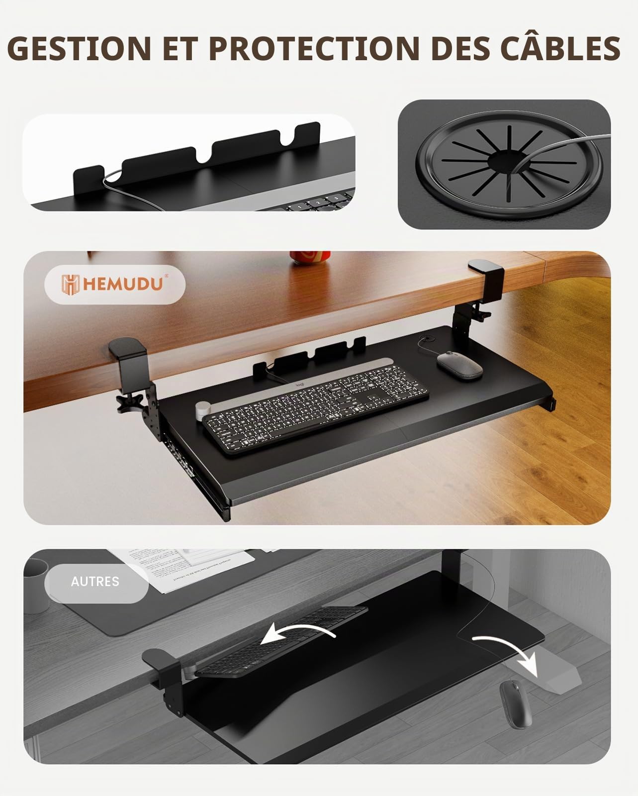Hemudu Plateau de clavier extractible sous le bureau avec système de fixation en C extra robuste, 27,3 cm (82,5 cm y compris les pinces) x 27,9 cm, plateforme coulissante pour taper sur ordinateur
