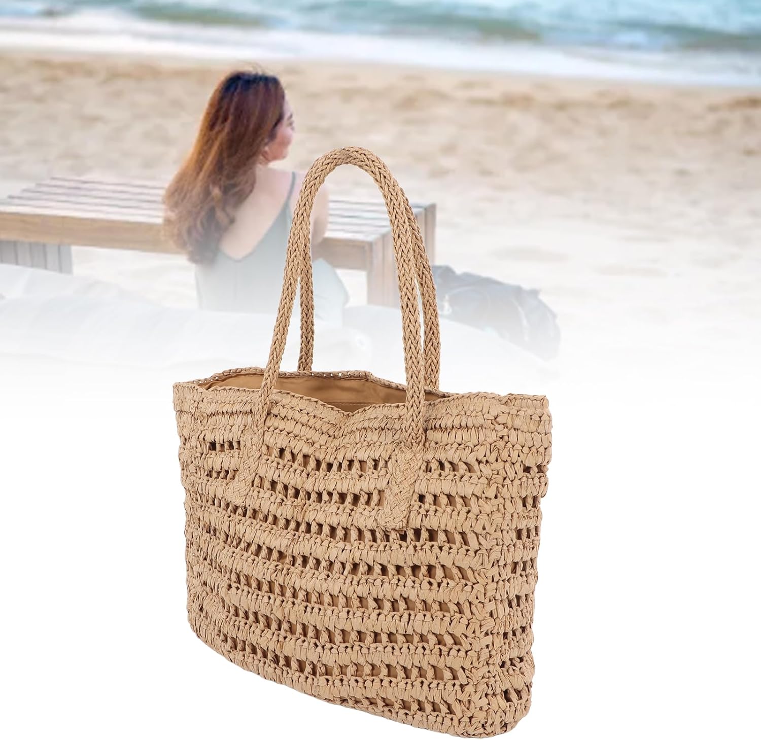 Straw Shoulder, Vintage Woven Straw Handbag Large Capacity Hollowed Out for Holiday