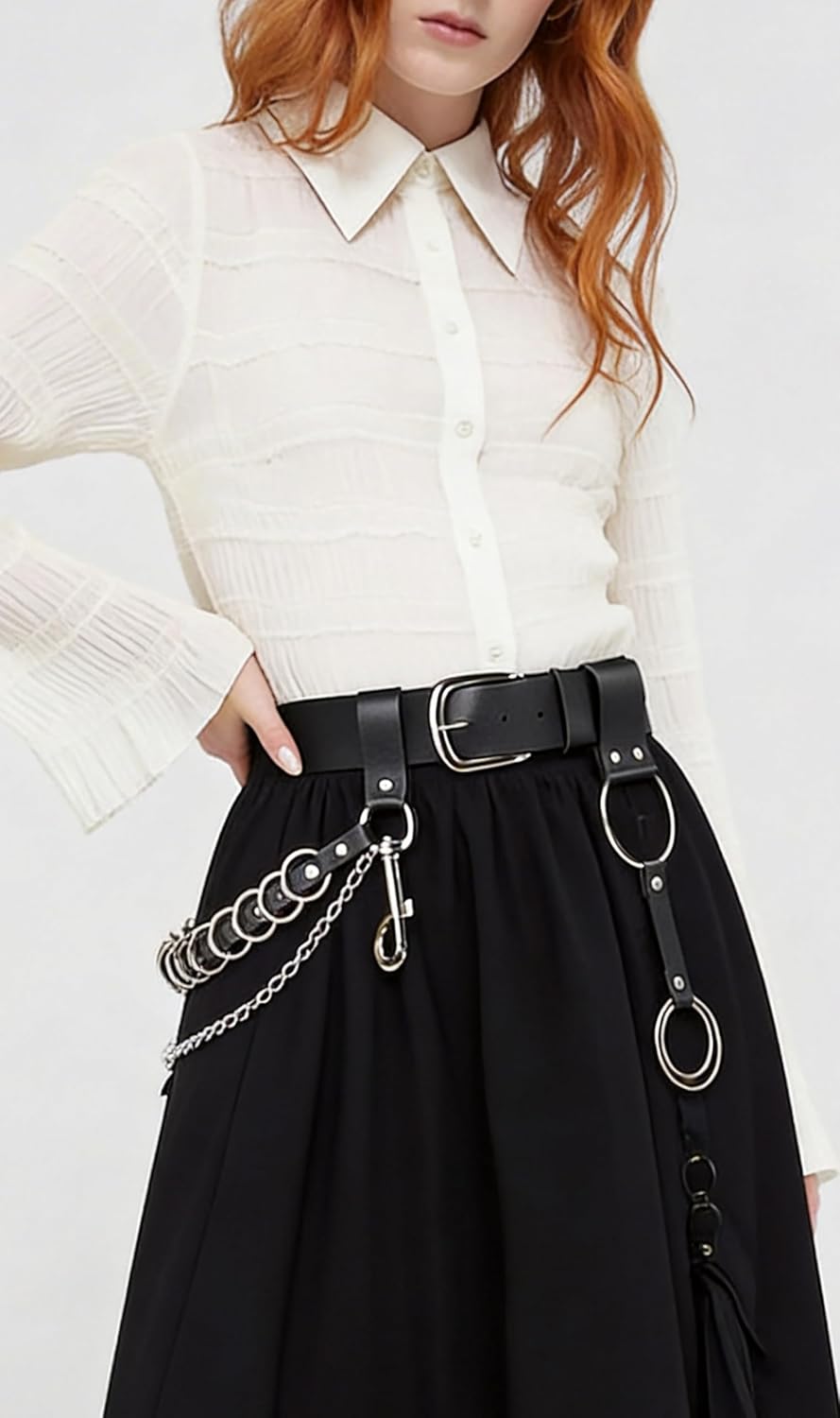 Women Punk Chain Belt, Adjustable Faux Leather Waist Belt with Alloy Rings & Clip Chain, Gothic Street Fashion Accessories(Waist 25.2-35.4in)