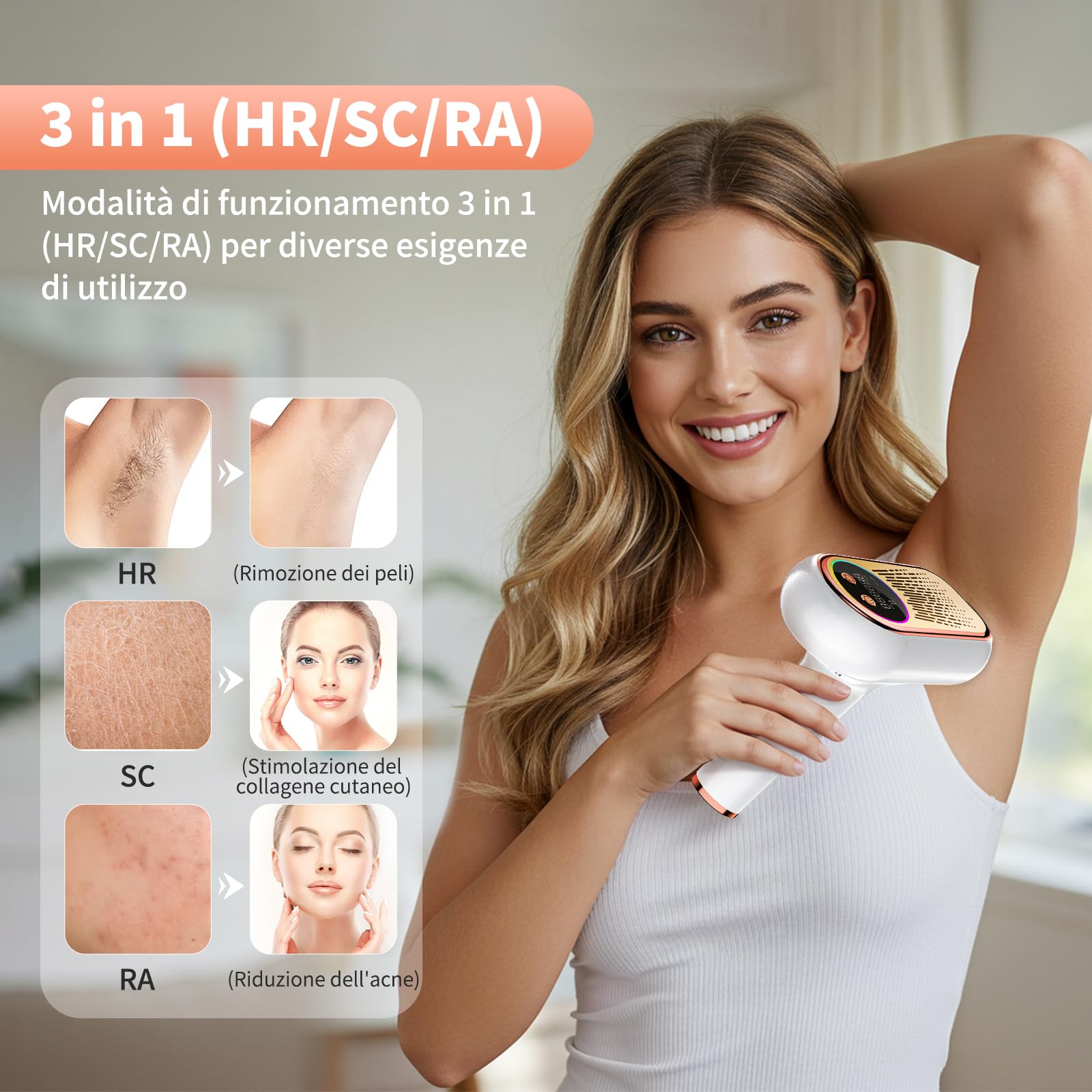 NIKYJM Epilatore Luce Pulsata con 6.8 cm² Grande Calibro, 600-1200nm Lunghezza D'onda, 3 in 1 HR/SC/RA, 9 Livelli di Energia, Epilatore a luce pulsata IPL (Oro rosa)