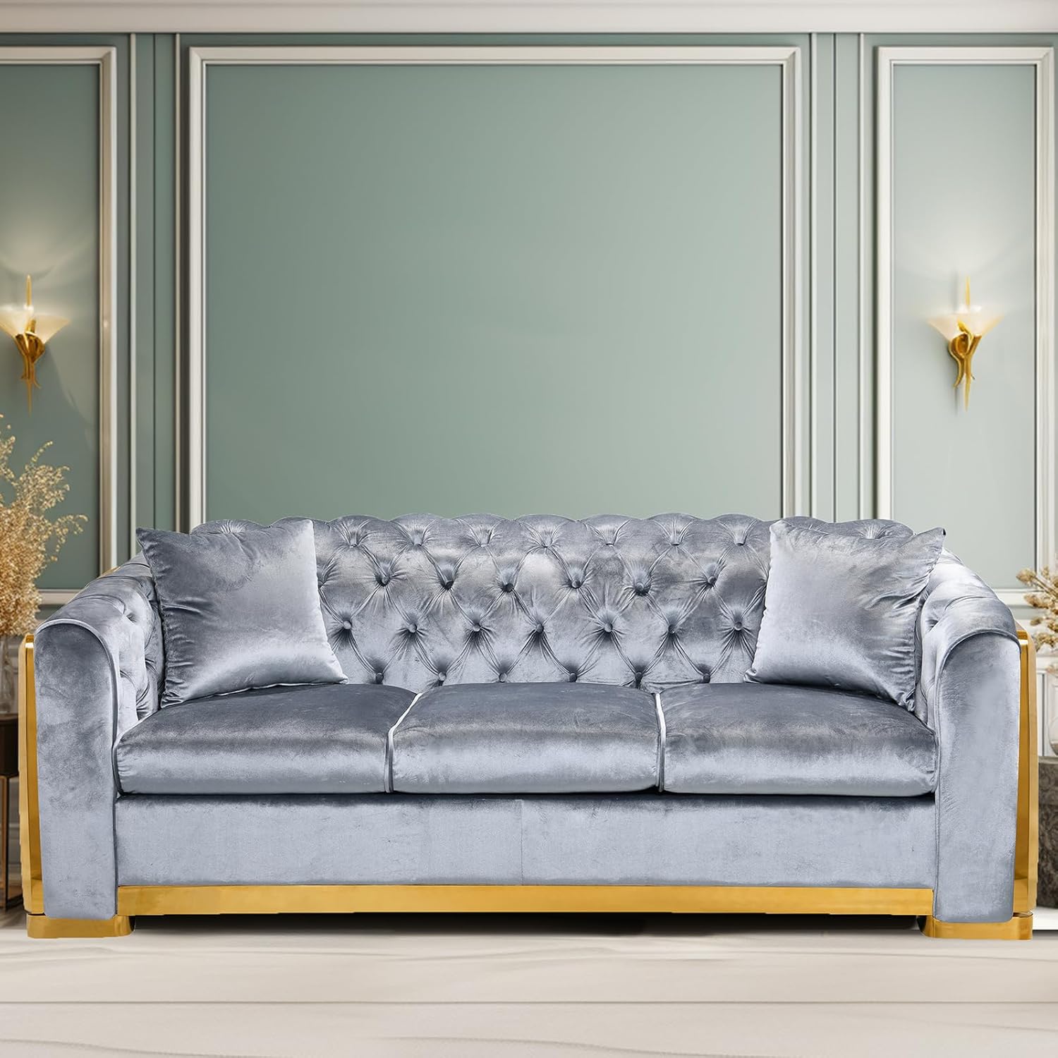 Amazon.com: Tatub 89 Inch Velvet Chesterfield Sofa, Gray Velvet Couch ...