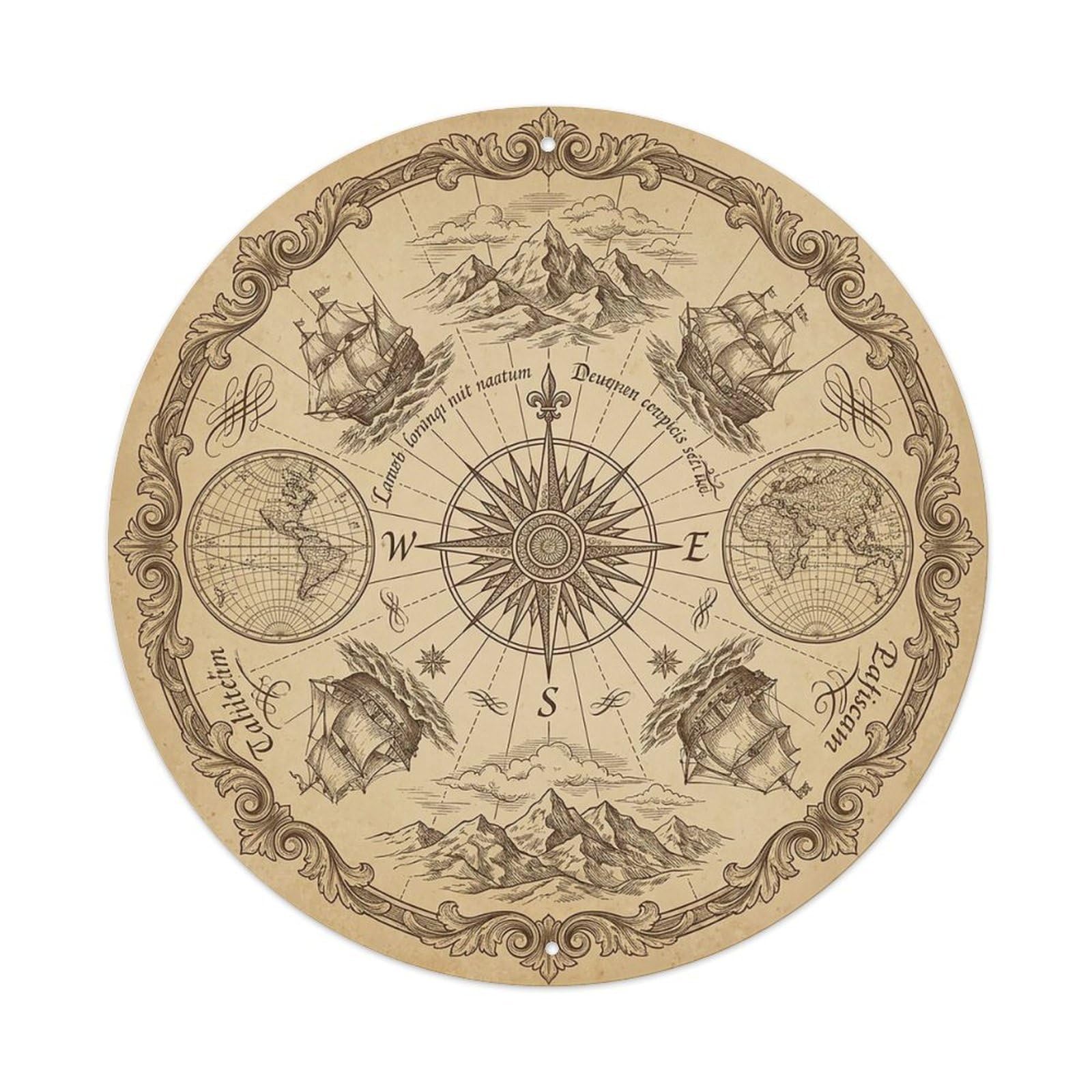 Vintage Nautical Compass World Map Mapping Guide Metal Tin Sign