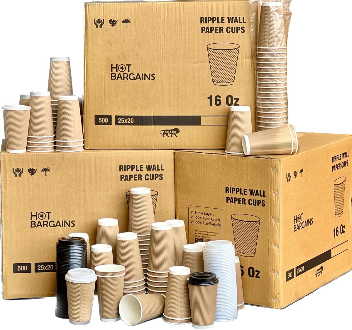 HOT BARGAINS - Kraft Triple Walled Disposable Paper Ripple Cups - 100 X 16oz / 360ml, Hot Drink Cups + Lids