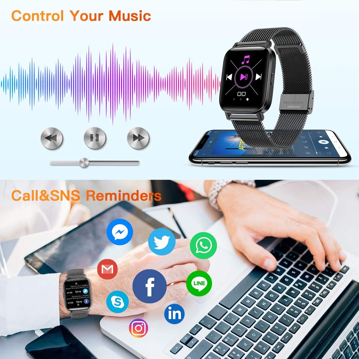 Smartwatch showing music control interface and notification icons from various social media apps.