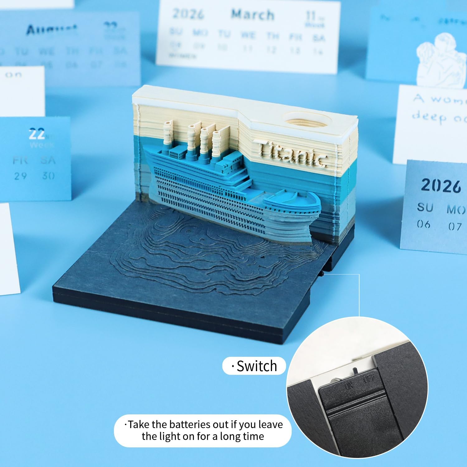 Titanic 3D Desk Calendar Memo Pad 2026, 3D Weekly Calendar Notepad With Light&Pen Holder, 3D Memo Pad Paper Notes Desk Decoration Gifts