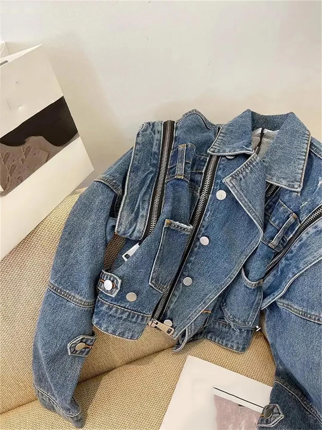Women's Solid Color Denim Jacket Zipper Lapel Long Sleeve Four Seasons Business Casual Coats