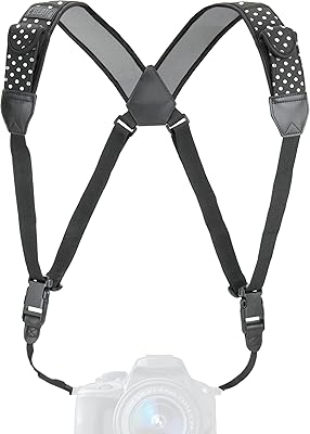 USA Gear DSLR Camera Strap Chest Harness with Quick Release Buckles, Polka Dot Neoprene Pattern and Accessory Pockets - Compatible with Canon, Nikon, Sony Point and Shoot and Mirrorless Cameras