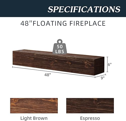 Miniatura 2 de Repisa de chimenea, chimenea sintética de 60 pulgadas, estante flotante de madera maciza, repisa de madera maciza para chimenea, decoración de