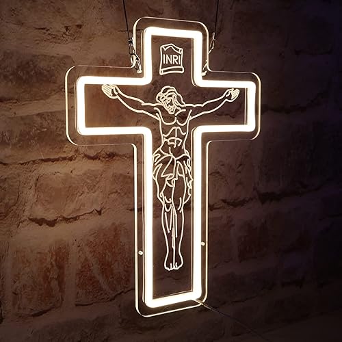 Letrero de neón con cruz de Jesús, luz de neón LED de cruz de Jesús blanca cálida, hecha a mano con grabado 3D para amigos, familia, compromiso,