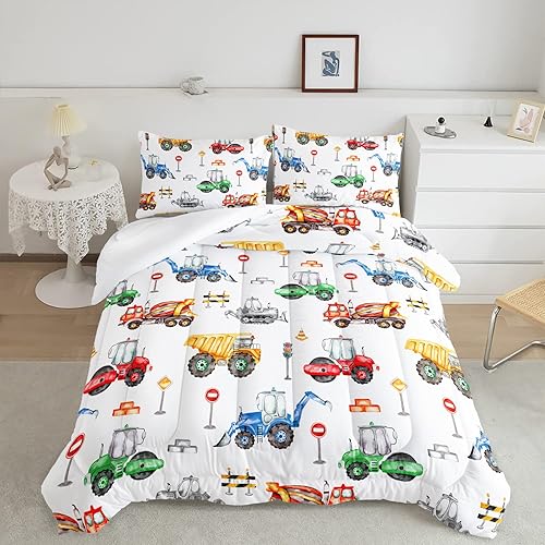 CVHOUSE Juego de ropa de cama de excavadora tamaño matrimonial, juego de ropa de cama de excavadora de construcción para niños y niños, juego de