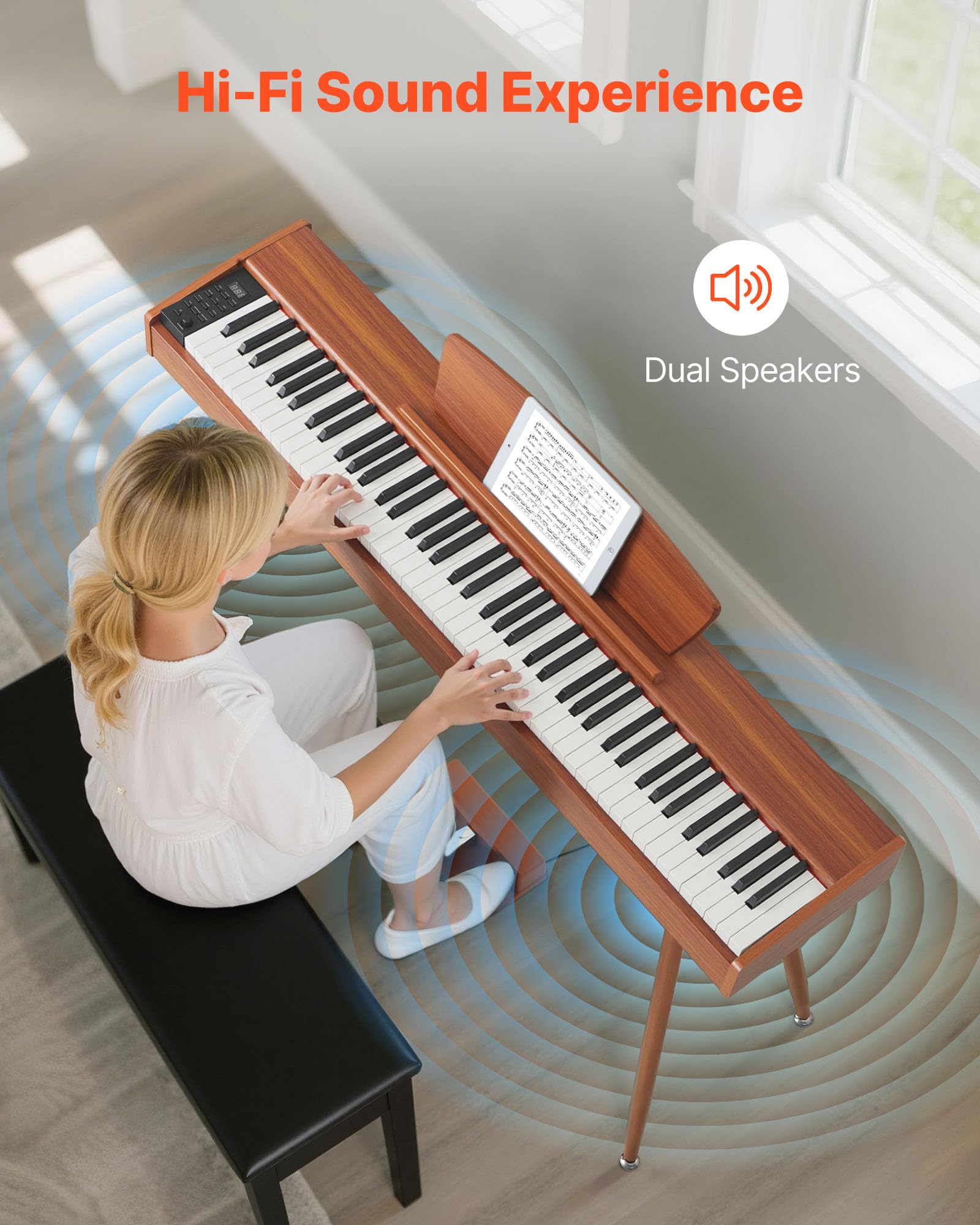 VEVOR Piano Digital de 88 Teclas, con Teclado Dual y Altavoces, con Atril, Pedal Sustain, 280 Tonos, Conexión Inalámbrica, Control Preciso, para Principiantes, Color Madera, 1330 x 300 x 900 mm
