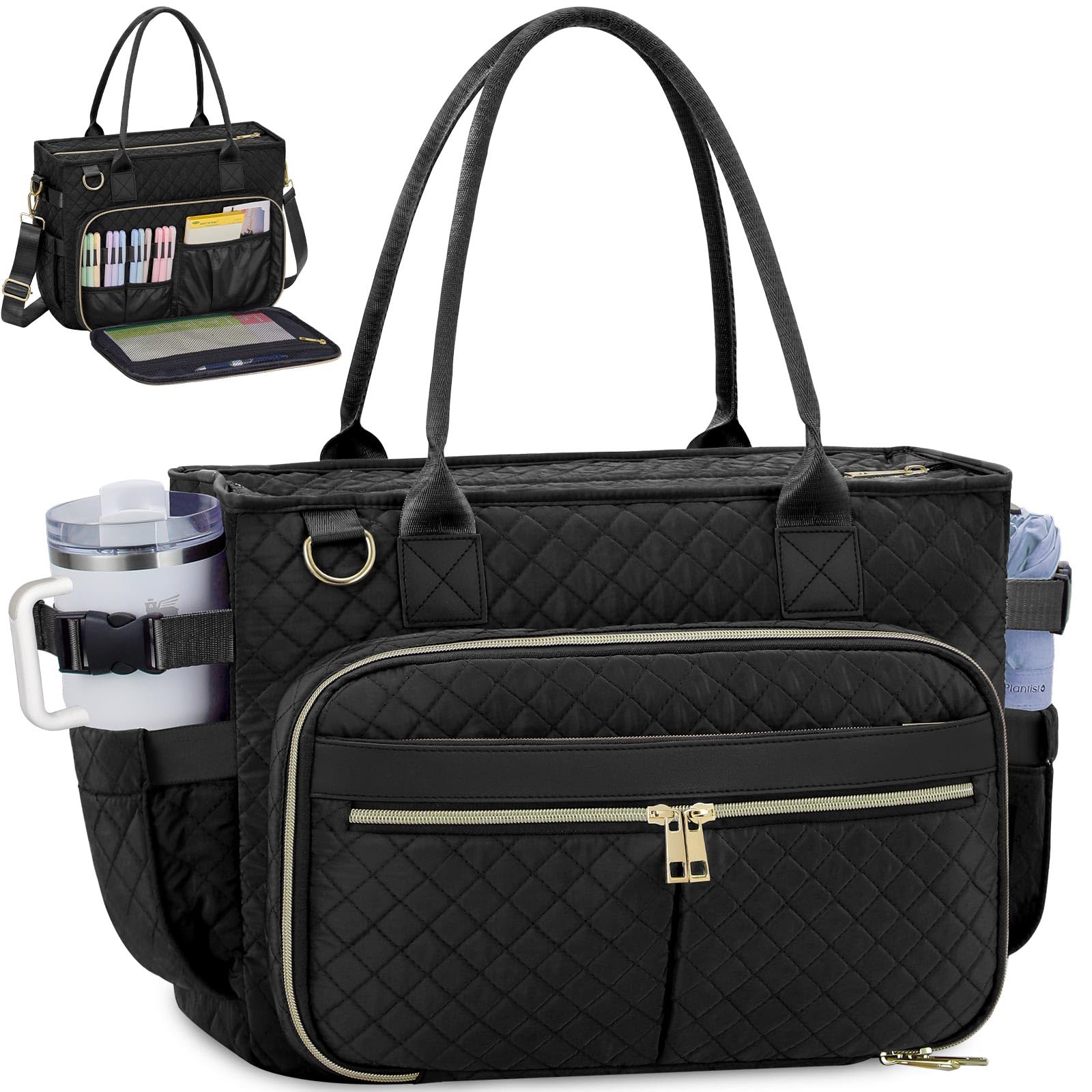FIORETTO Teacher Tote Bag for Women with Laptop Compartment Large Cup Holder Zip Closure Ideal for Work Bible