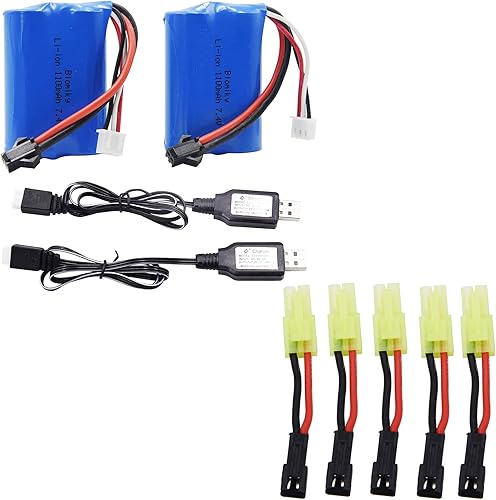 Blomiky Paquete de 2 baterías de 7.4 V 1100 mAh y 2 cables de carga y cable adaptador SM2P a macho Mini Tamiya para Velocity H102 nueva versión RC