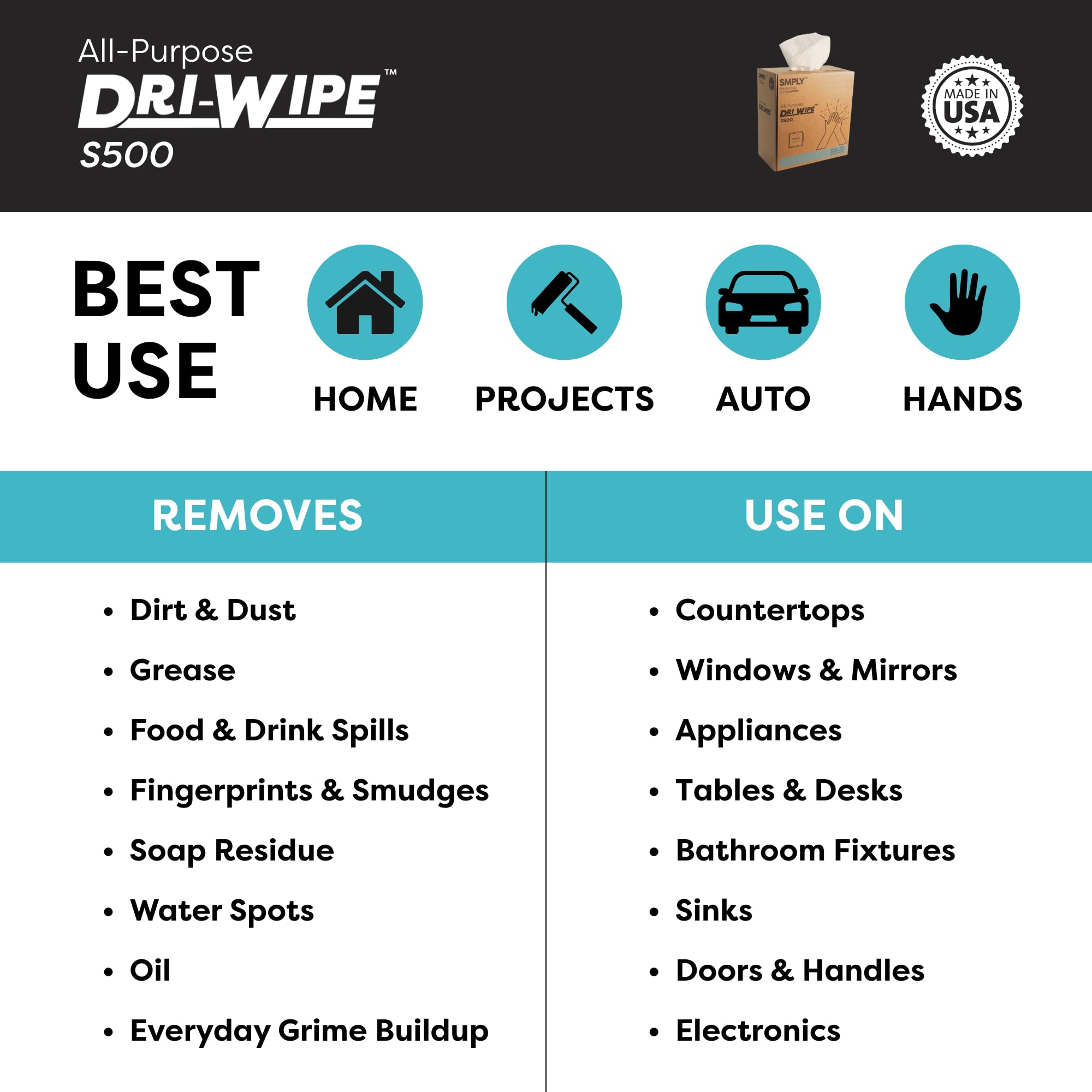 SMPLY. S500 Dri-Wipe | 176 toallitas por caja, paquete de 10 cajas | Limpiaparabrisas duraderos y reutilizables para hospitales, escuelas, servicio de alimentos, automóviles y más.