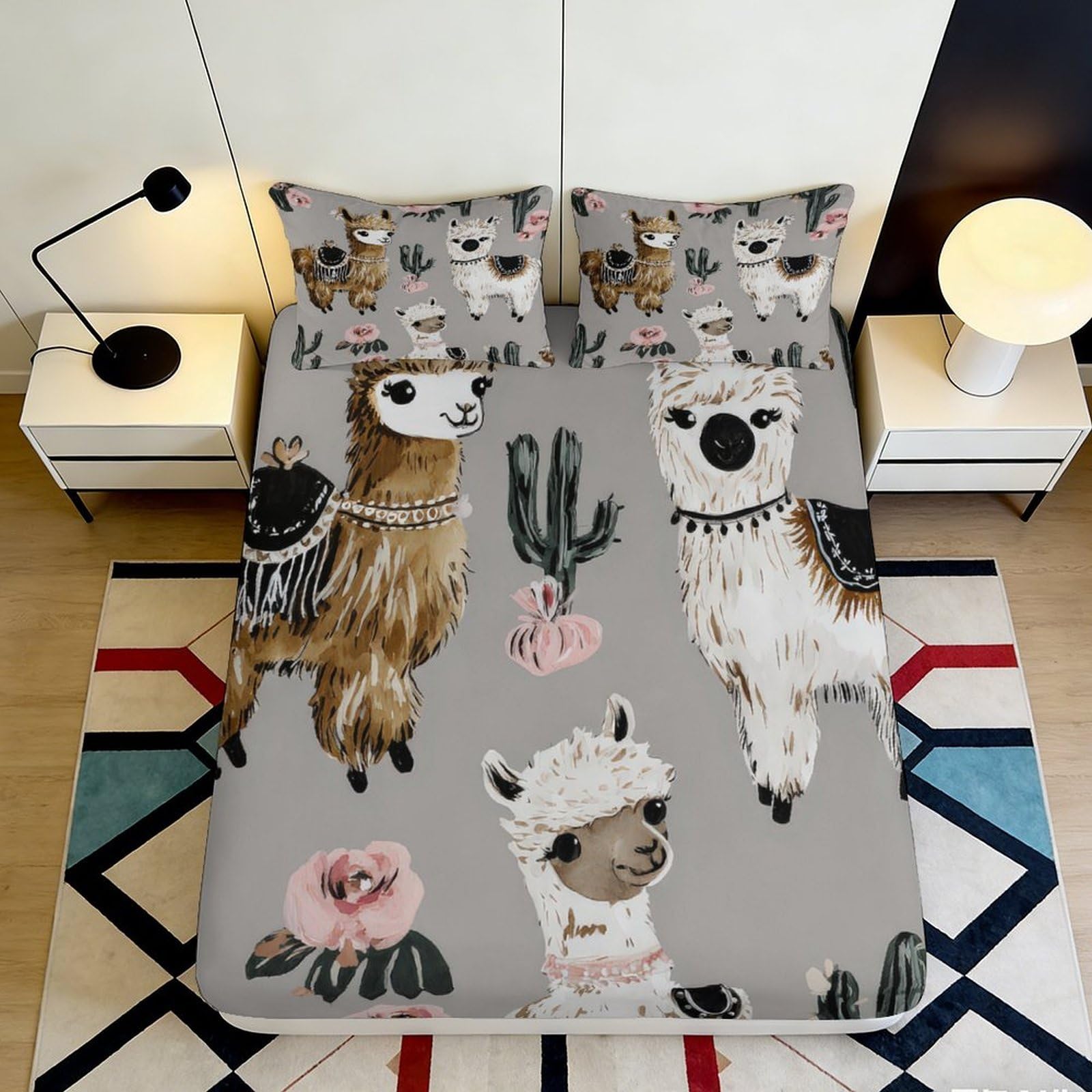 3D Printed Llama Pattern Fitted Sheet Microfiber Soft Durable Gray Bed Cover with Cactus Design Mattress Cover for Bedroom Dormitory Guest Room 180x200x25cm