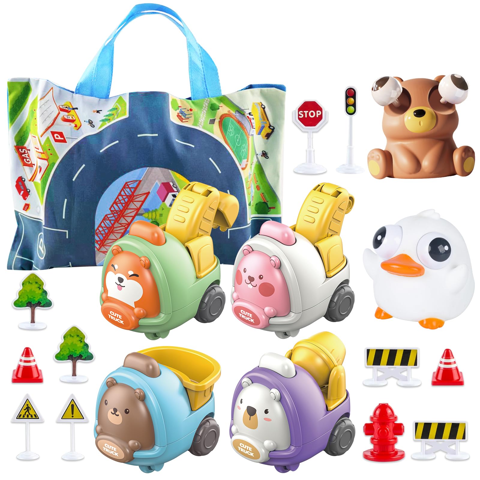 LinseyFun 17 PCS Cartoon Toddlers Car Toys Set and Squeeze Toy for 3 Year Old Boy with Playmat/Storage Bag, Trucks for Toddlers, Rubber Animals, Toddler Cars, 3 Year Old boy Birthday Gift