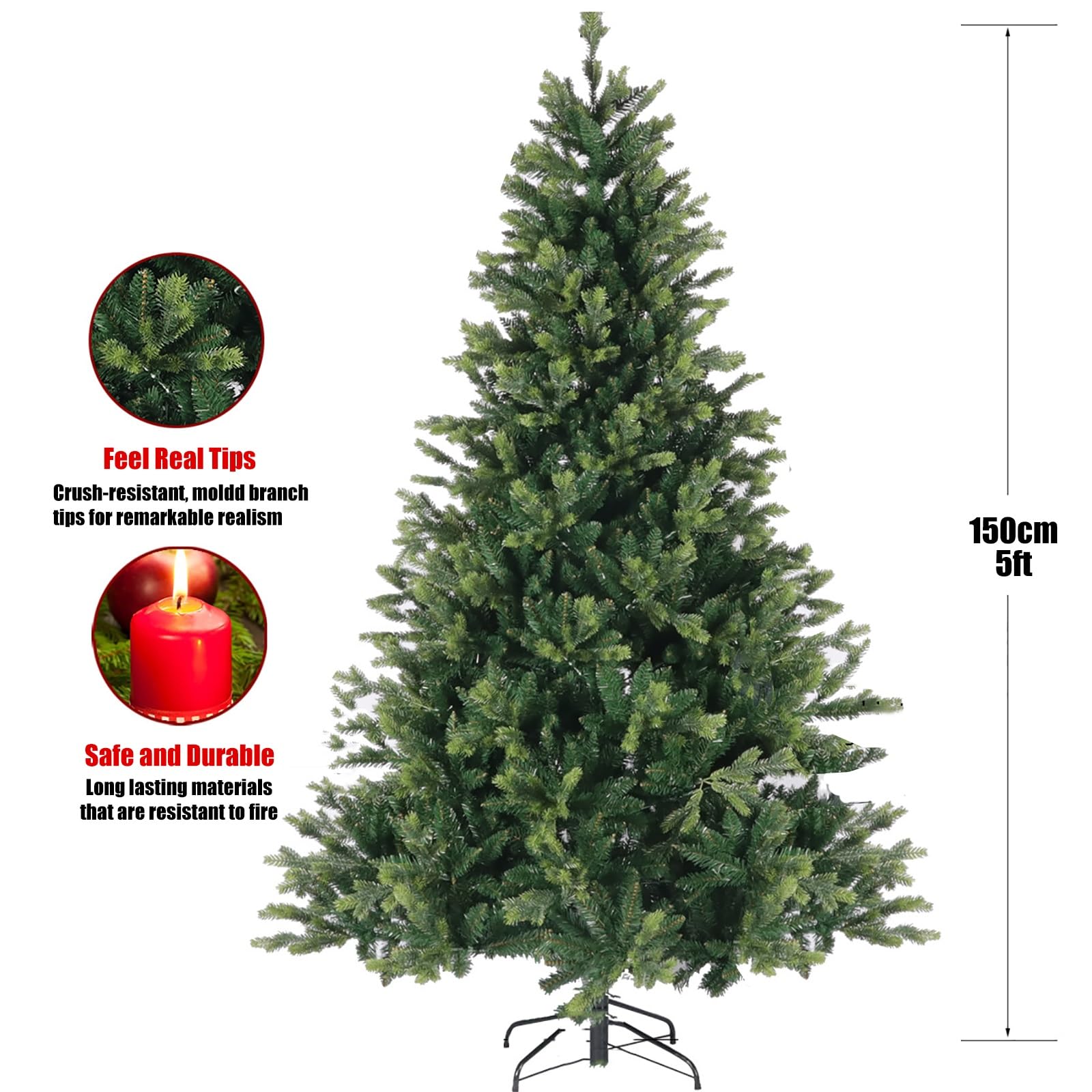 Árbol de Navidad Verde con Base, Decoración Artificial de PVC para el Hogar, Interior y Exterior, Ramas de Pino Fáciles de Plegar para Guardar(150cm/5ft)