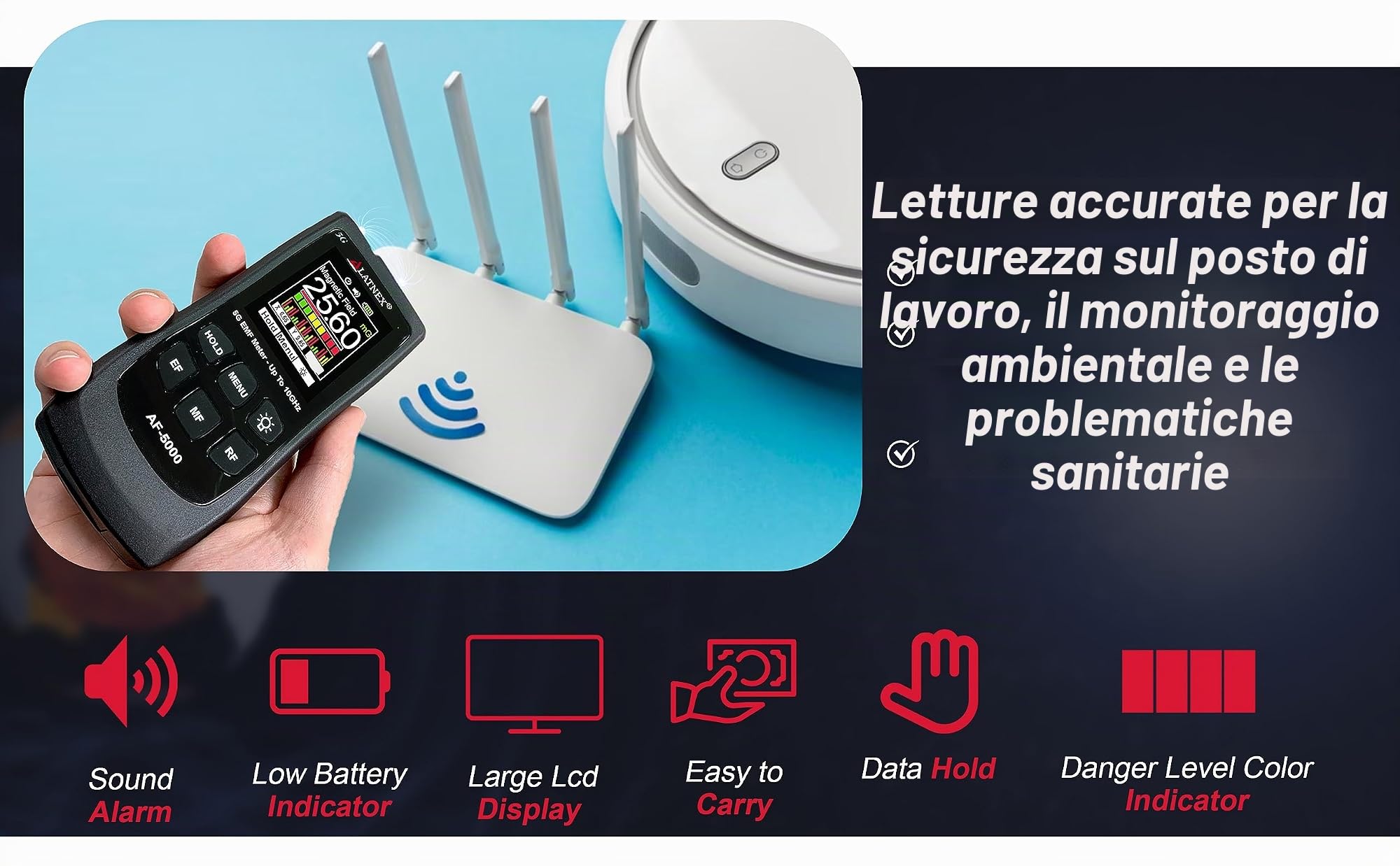 LATNEX AF-5000 5G EMF Meter RF Detector Tester e lettore con certificato di calibrazione - Test e misure RF e microonde, 3 assi Gauss o Tesla campi magnetici e campi ELF elettrici
