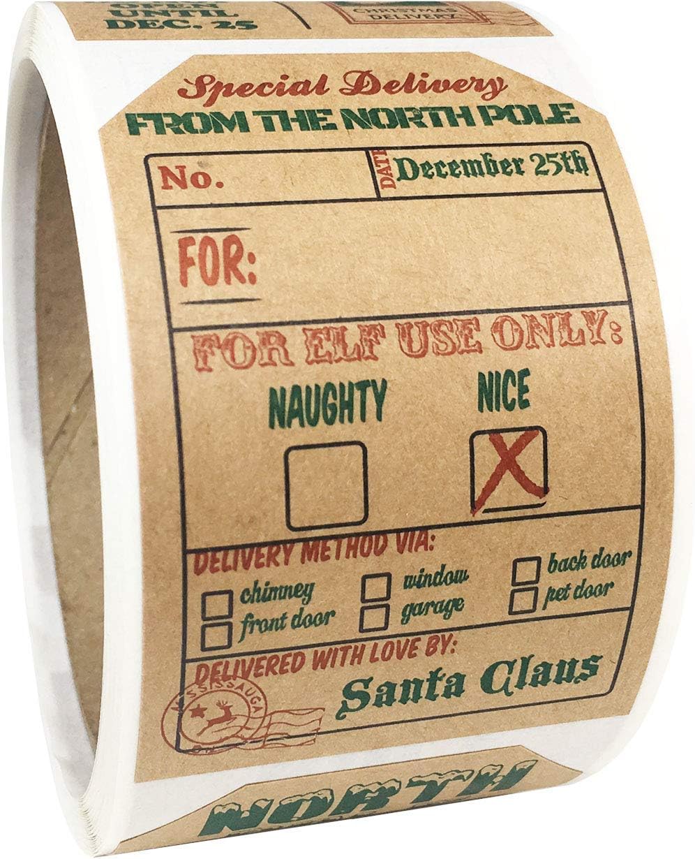 Natural Kraft from Santa Claus Gift Tag Stickers – 2 x 3 Inch Holiday Labels, Roll of 100 – Rustic Christmas Tags for Wrapping Presents, Made in The USA - Image 6