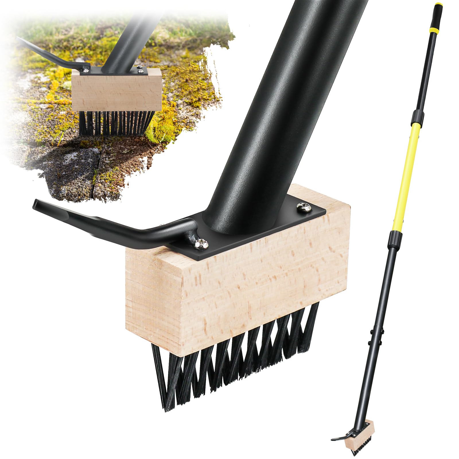 Jardineer Weed Moss Remover Brush with 150cm Carbon Steel Long Handle, Heavy Duty Moss Removal Tool with Metal Scraper, Metal Wire Brush Weeder Tool for Driveway, Patio, Sidewalk, Paver and Roof