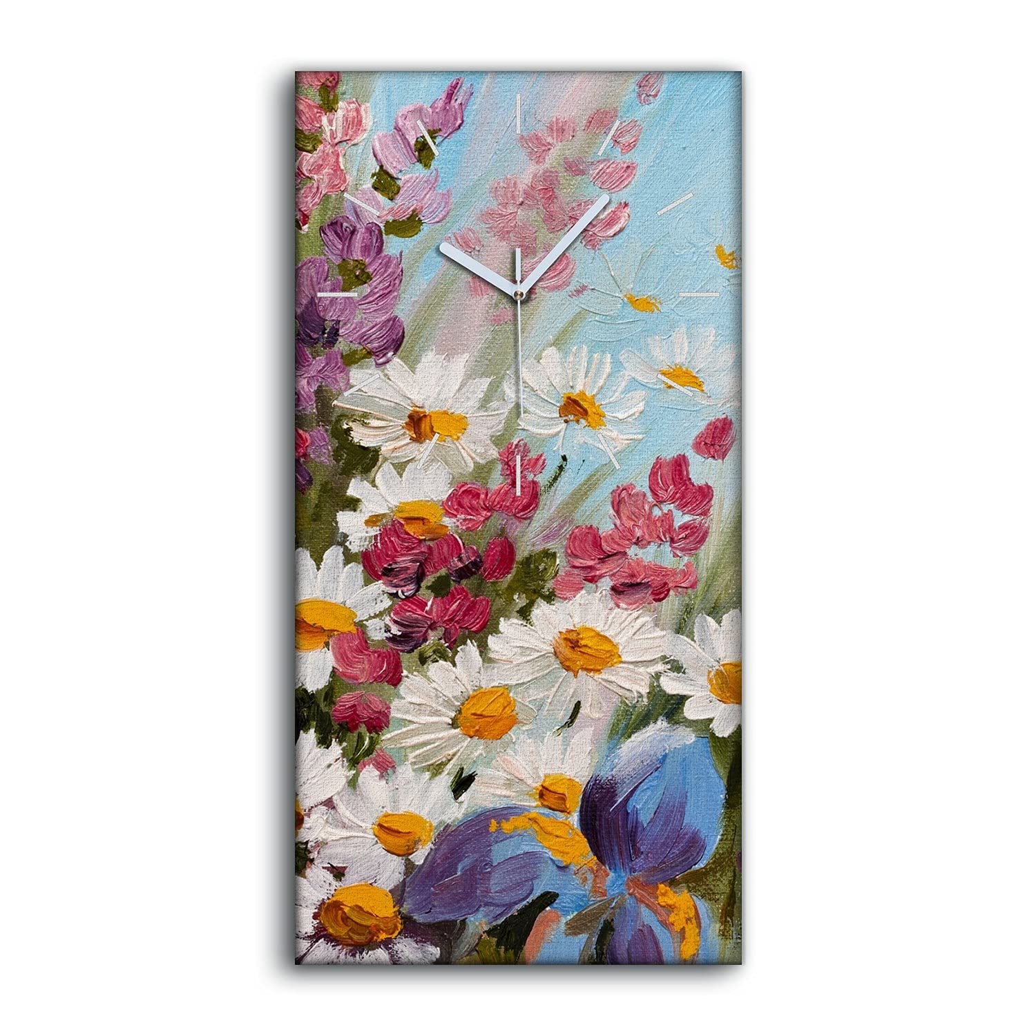 Horloge sur toile 30x60cm fleurs à l'huile avec aiguilles blanches silencieuses Coloray