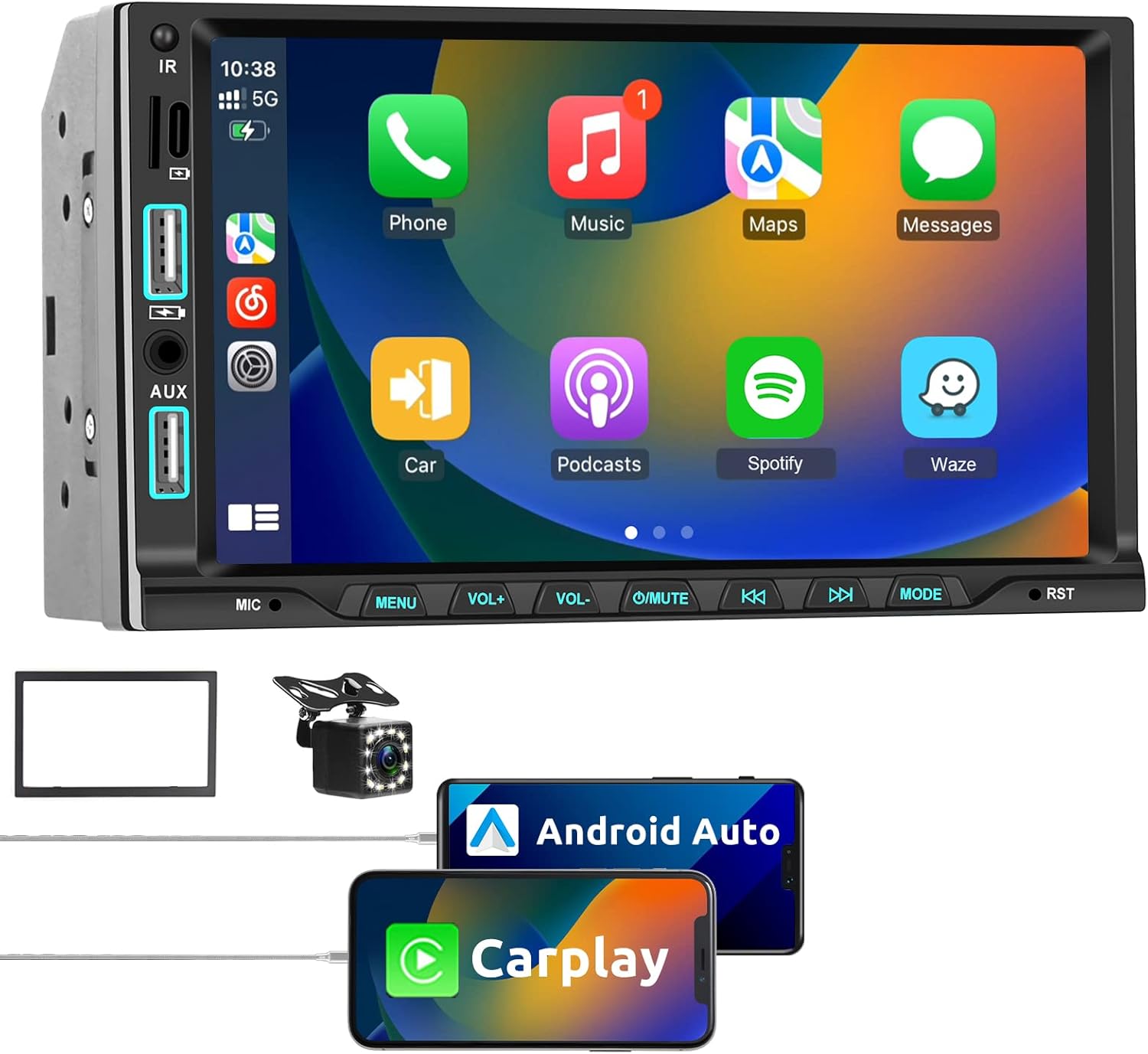 Podofo Wireless Carplay Double Din Car Stereo, 7" HD Touch