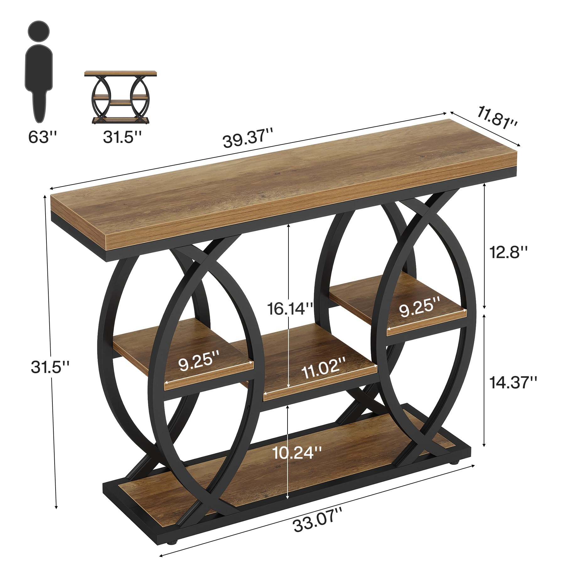 Tribesigns Tavolo consolle da 100 cm, tavolo industriale a 4 livelli con ripiani portaoggetti, tavoli decorativi in legno stretti con telaio in metallo per piccoli spazi, corridoio