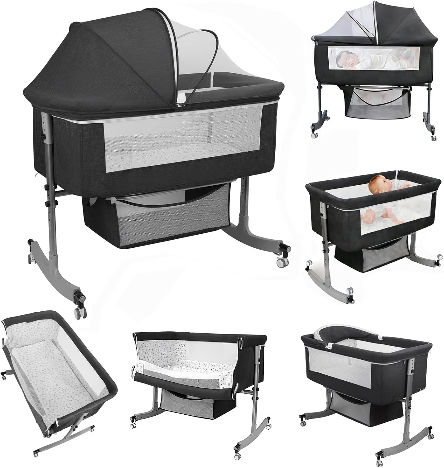 Bedside Bassinet Baby Crib, 3-in-1 Bedside Crib with Storage Basket, 6 Levels Height Adjustable Baby Bassinet with Mosquito Net and Wheels, Portable Newborn Infant Cradle Black