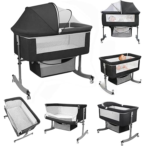 Bedside Bassinet Baby Crib, 3-in-1 Bedside Crib with Storage Basket, 6 Levels Height Adjustable Baby Bassinet with Mosquito Net and Wheels, Portable Newborn Infant Cradle Black