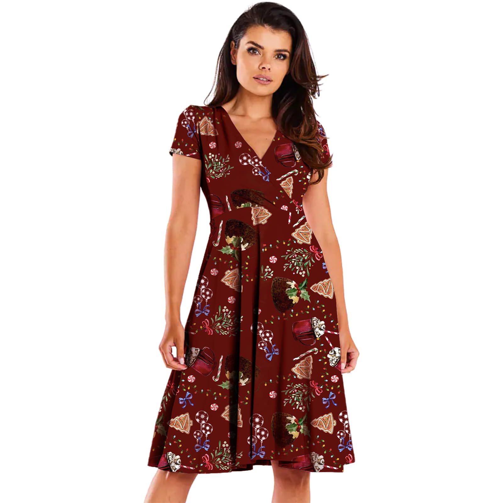 NetSetUK Womens Christmas Midi Dress Santa Xmas Reindeer Snowflake Gingerbread Tree Printed Novelty Swing Dress