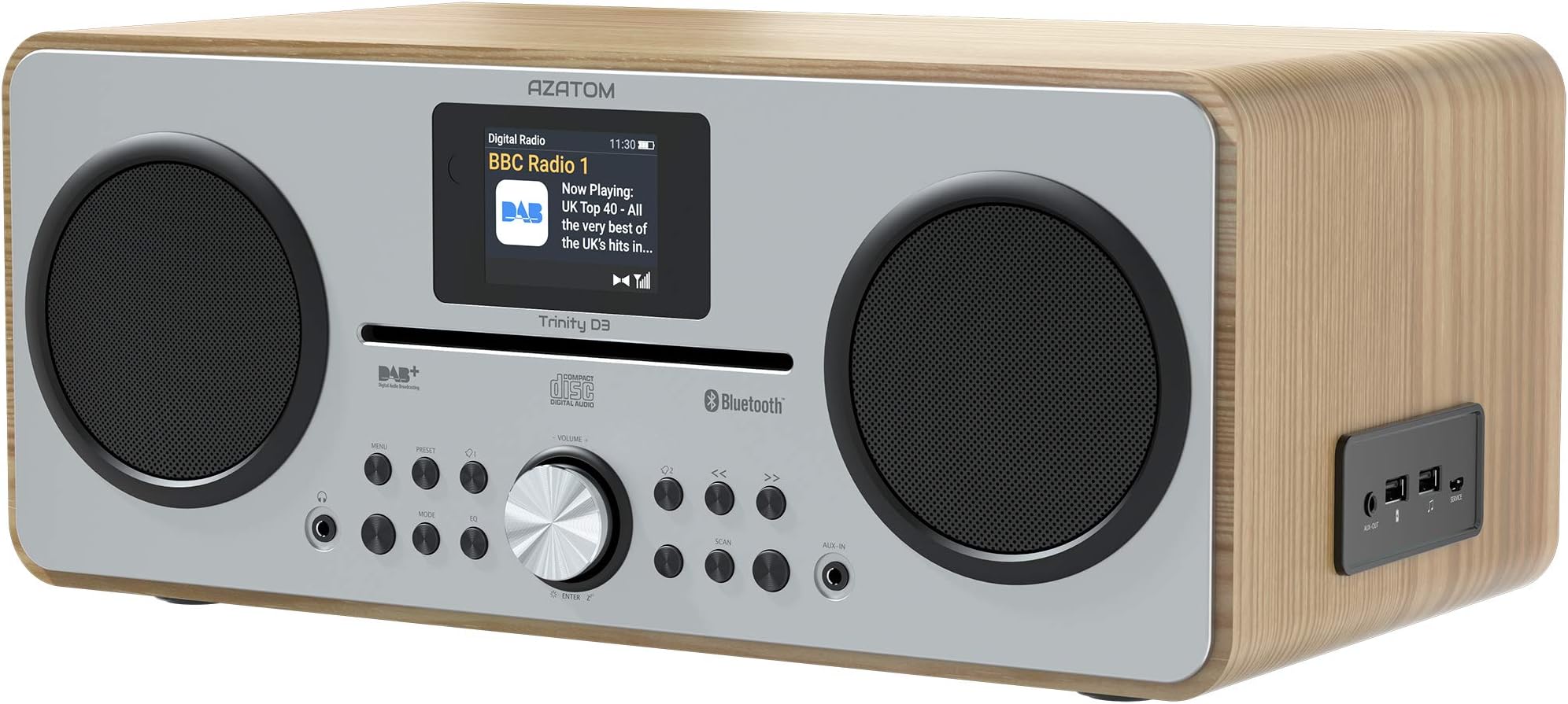 AZATOM Trinity DAB/DAB+ CD player - FM Radio - Bluetooth - Stereo Speaker System - Clock - USB charger - USB player - Premium Sound (Oak)
