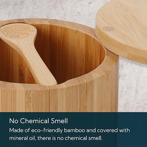 Miniatura 5 de KITCHENDAO Caja de bambú para sal y pimienta, cuchara integrada, contenedor de condimentos de especias de dos compartimentos, soporte para bodega de
