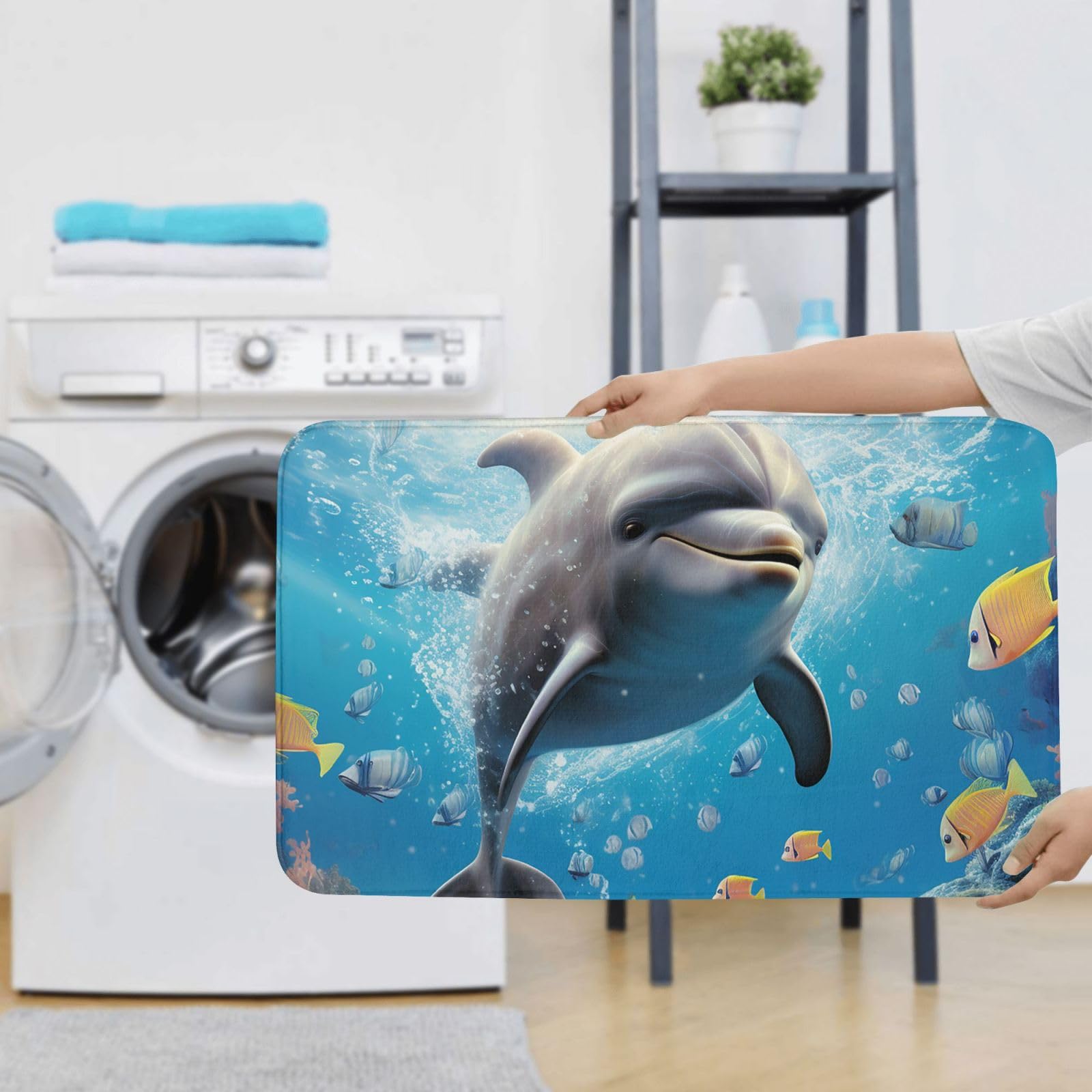 Set di 3 tappetini da bagno con delfino, in flanella, morbida, antiscivolo, con coperchio, decorazione per la casa