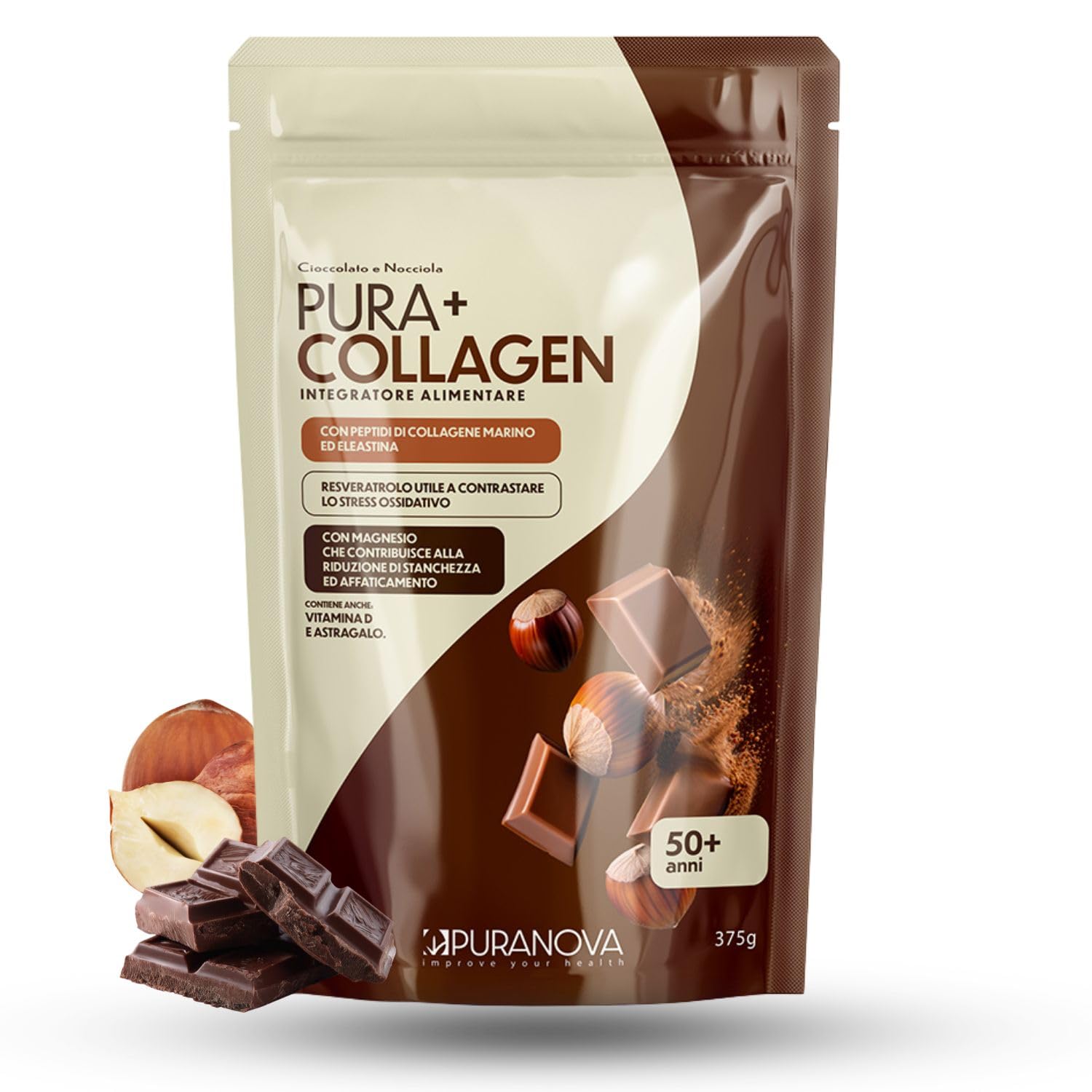 PURANOVA - Puracollagen 50+ | Collagene Marino Idrolizzato 7g con Elastina, Magnesio e Vitamina D |Collagene In Polvere Pelle Matura | Gusto Nocciola e Cioccolato