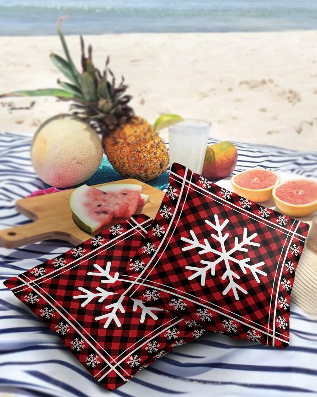 Pack of 2 Decorative Outdoor Waterproof Throw Pillow Covers, Winter Christmas Snowflake Red and Black Plaid Outdoor Pillows Cushion Cases, Square Pillowcase for Patio, Couch, Bench, 18x18 Inch
