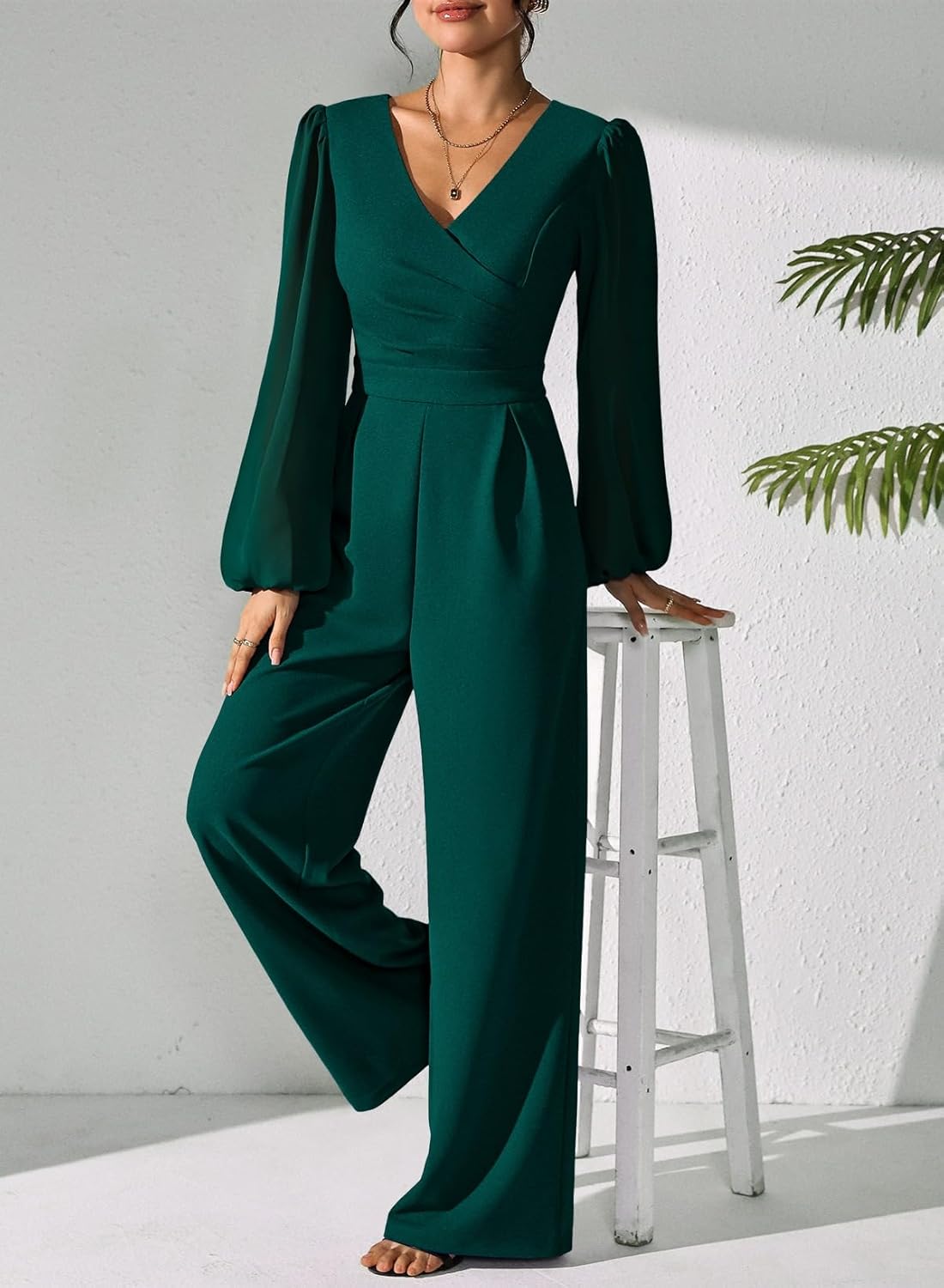 Pink Queen Jumpsuits for Women Dressy Patchwork Chiffon Sleeve V Neck Wide Leg Romper Holiday Party Outfits - Image 8