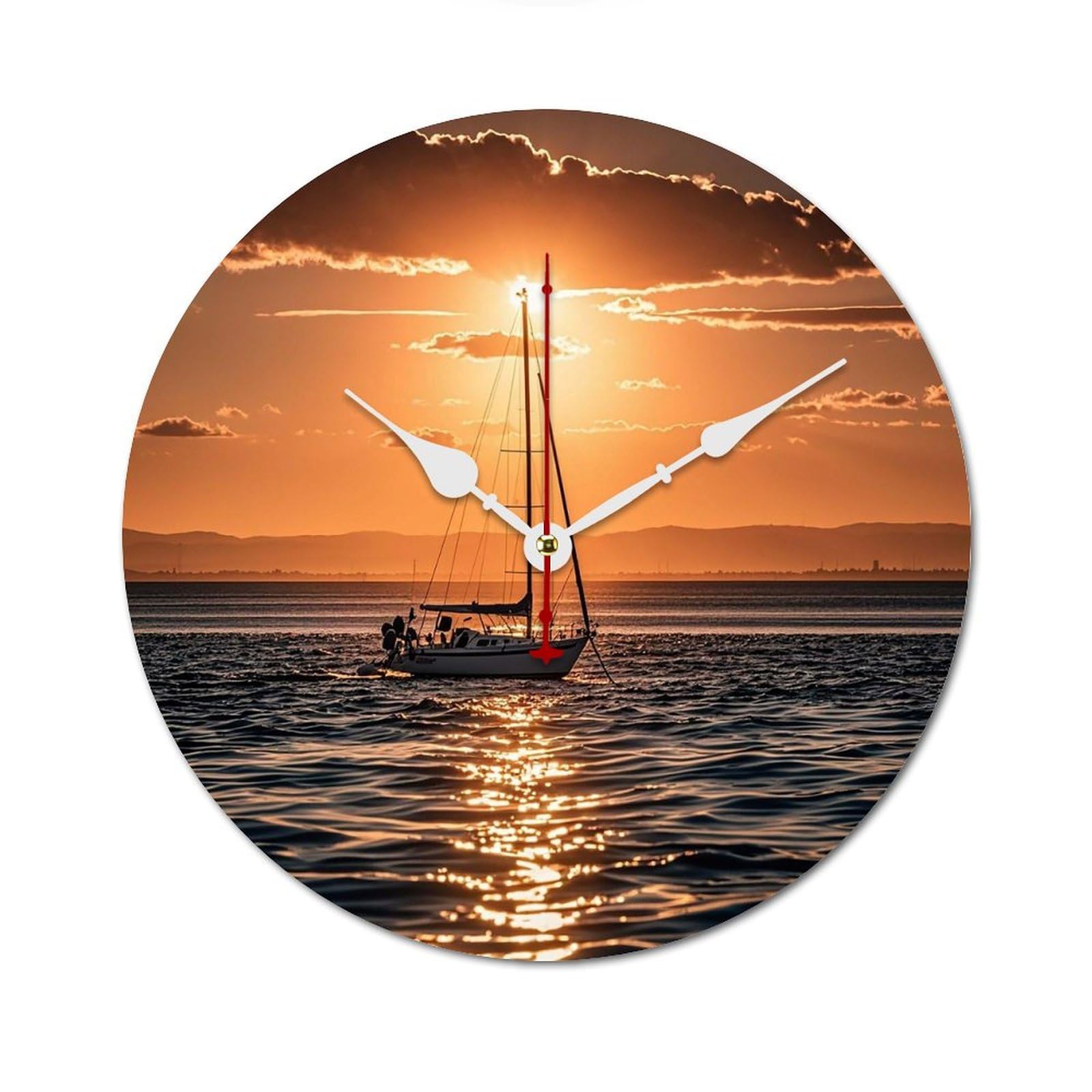 Horloge murale en bois pour salon design coucher de soleil et voilier