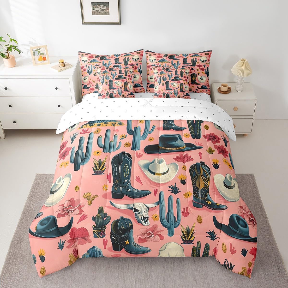 Feelyou Pink Western Decor 7 Pieces Bedding Set for Kids Boys Girls Wild West Cowboy Full Comforter Set with Sheets Rodeo Cowboy Style Bed in a Bag Grunge Design Bed Set