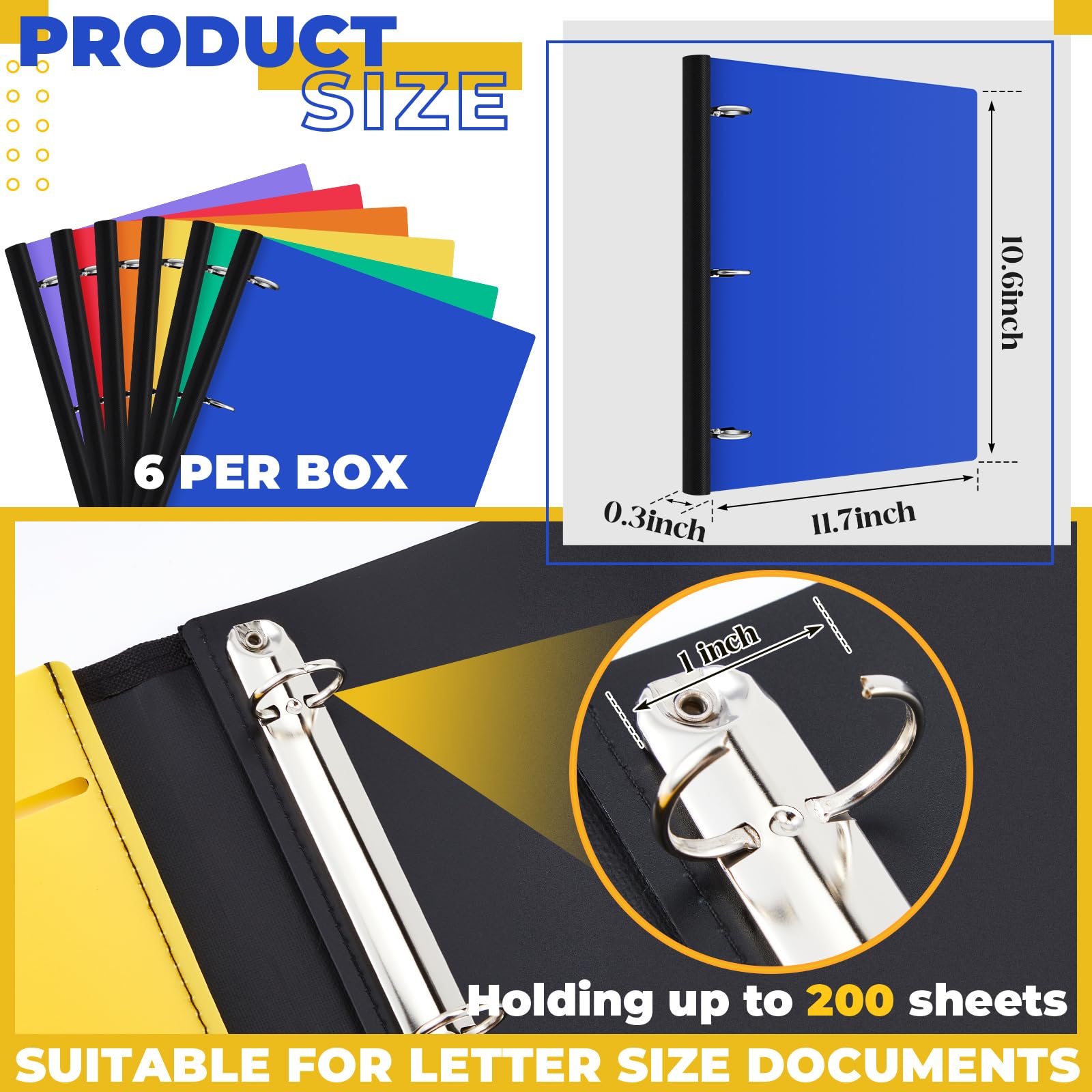 Henoyso Lot de 6 classeurs télescopiques à 3 anneaux de 1,9 cm avec dos télescopique, capacité de 175 feuilles, 3 anneaux ronds, en plastique souple, pour l'école, le bureau (multicolore)