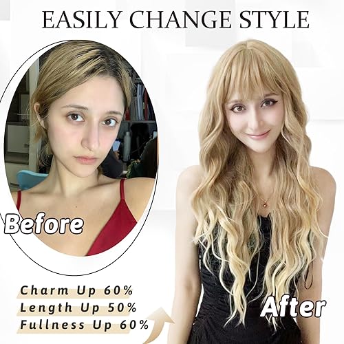 Miniatura 4 de NAYOO Pelucas rubias con flequillo para mujer, pelucas de cabello largo y ondulado, pelucas de fibra sintética resistentes al calor, para uso diario