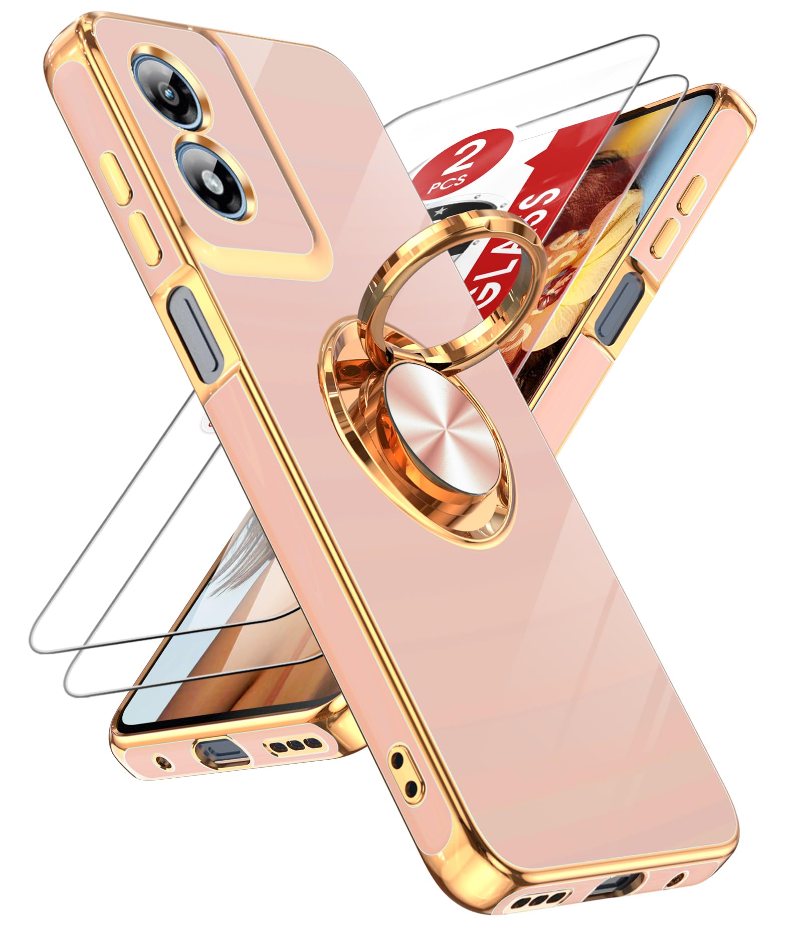 LeYi for Moto-G Play-2024-Case: (𝐍𝐨𝐭 𝐟𝐢𝐭 𝐆 𝟓𝐆 𝟐𝟎𝟐𝟒) 2 Pack Tempered Glass Screen Protector and 360° Rotatable Ring Holder Magnetic